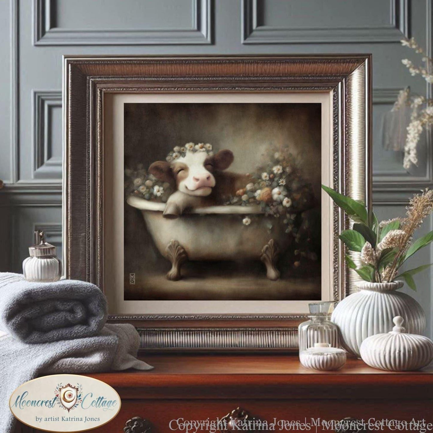 Bathroom Art, Cute Farm Cow Bathtub Painting