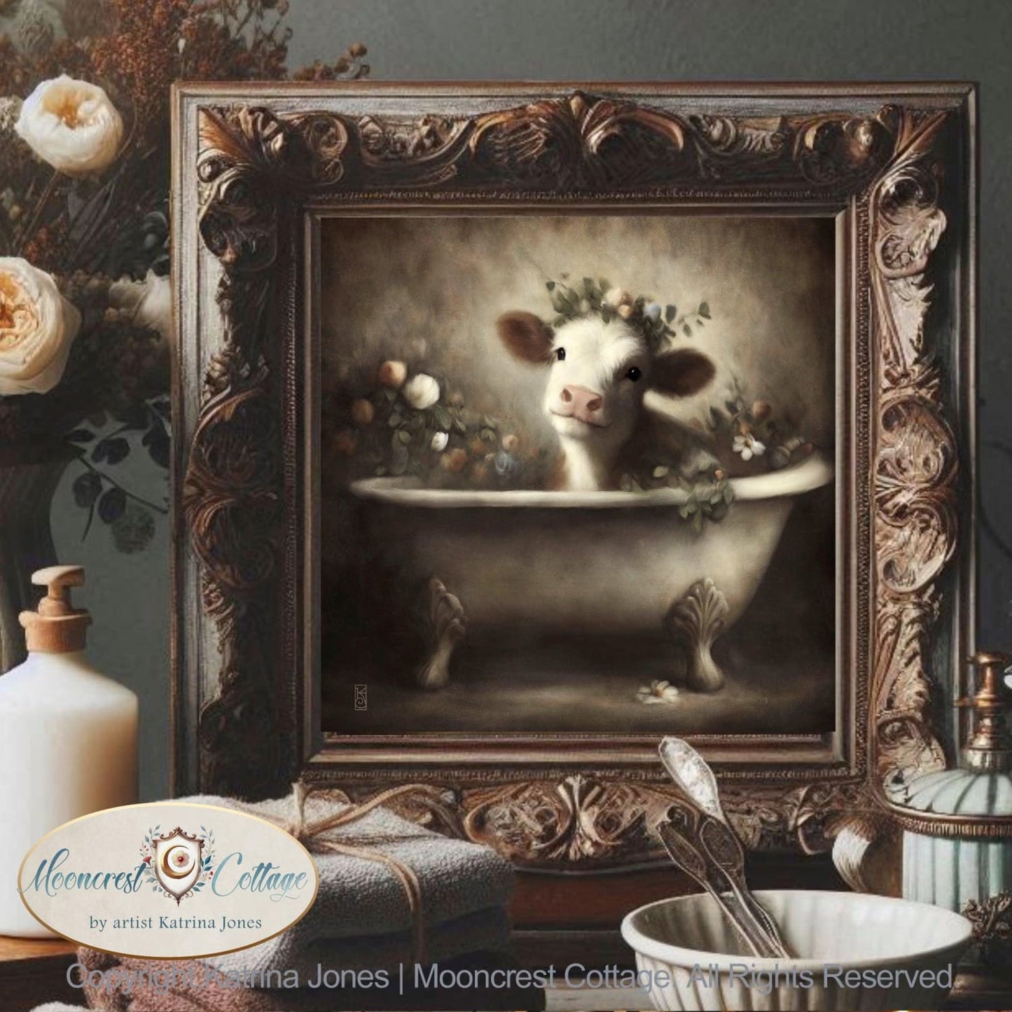 Bathroom Signed Art, Cute Happy Farm Cow Bathtub Painting