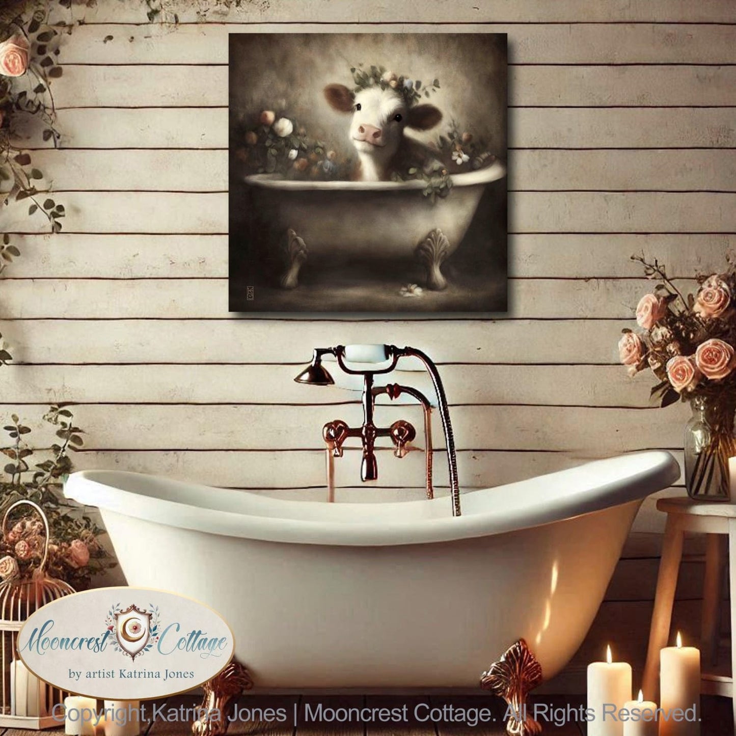 Bathroom Signed Art, Cute Happy Farm Cow Bathtub Painting