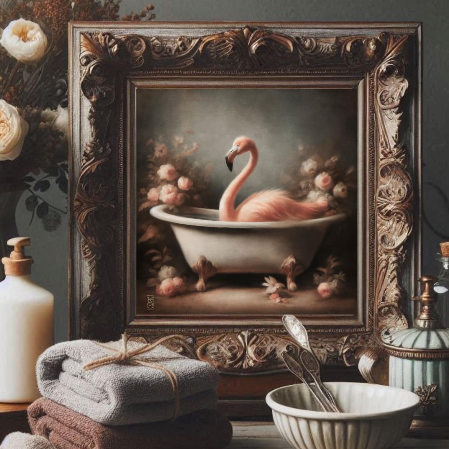 a painting of a pink flamingo in a bathtub