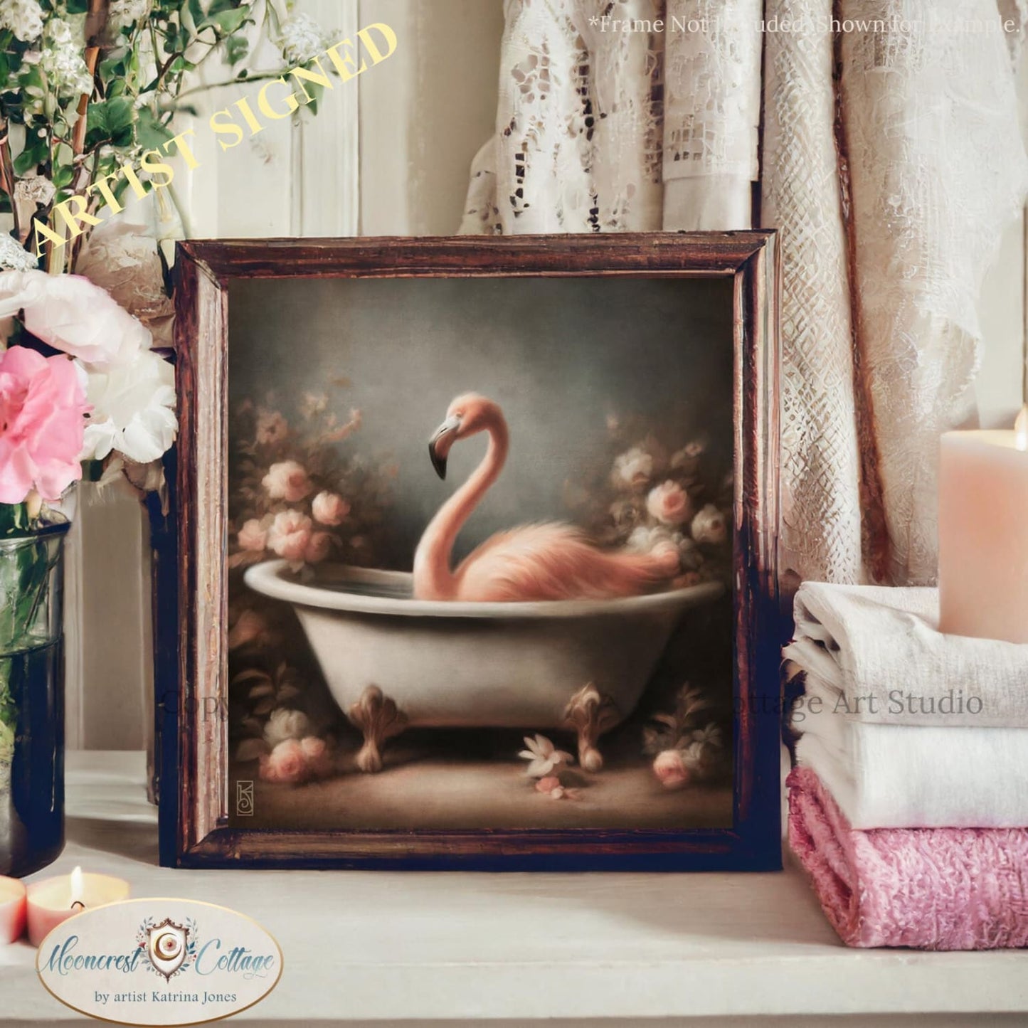 a painting of a pink flamingo in a bathtub
