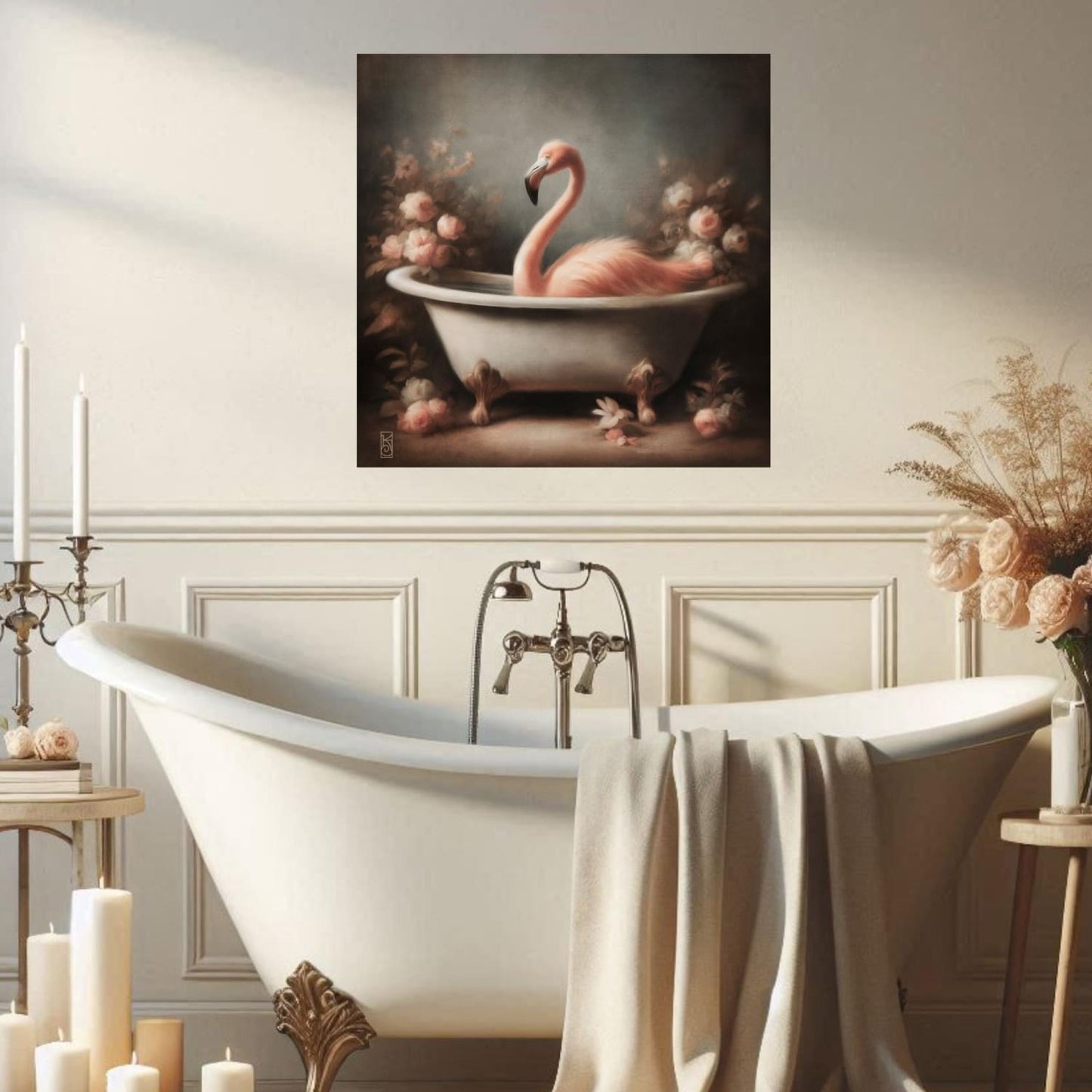a bathtub with a flamingo painting on the wall