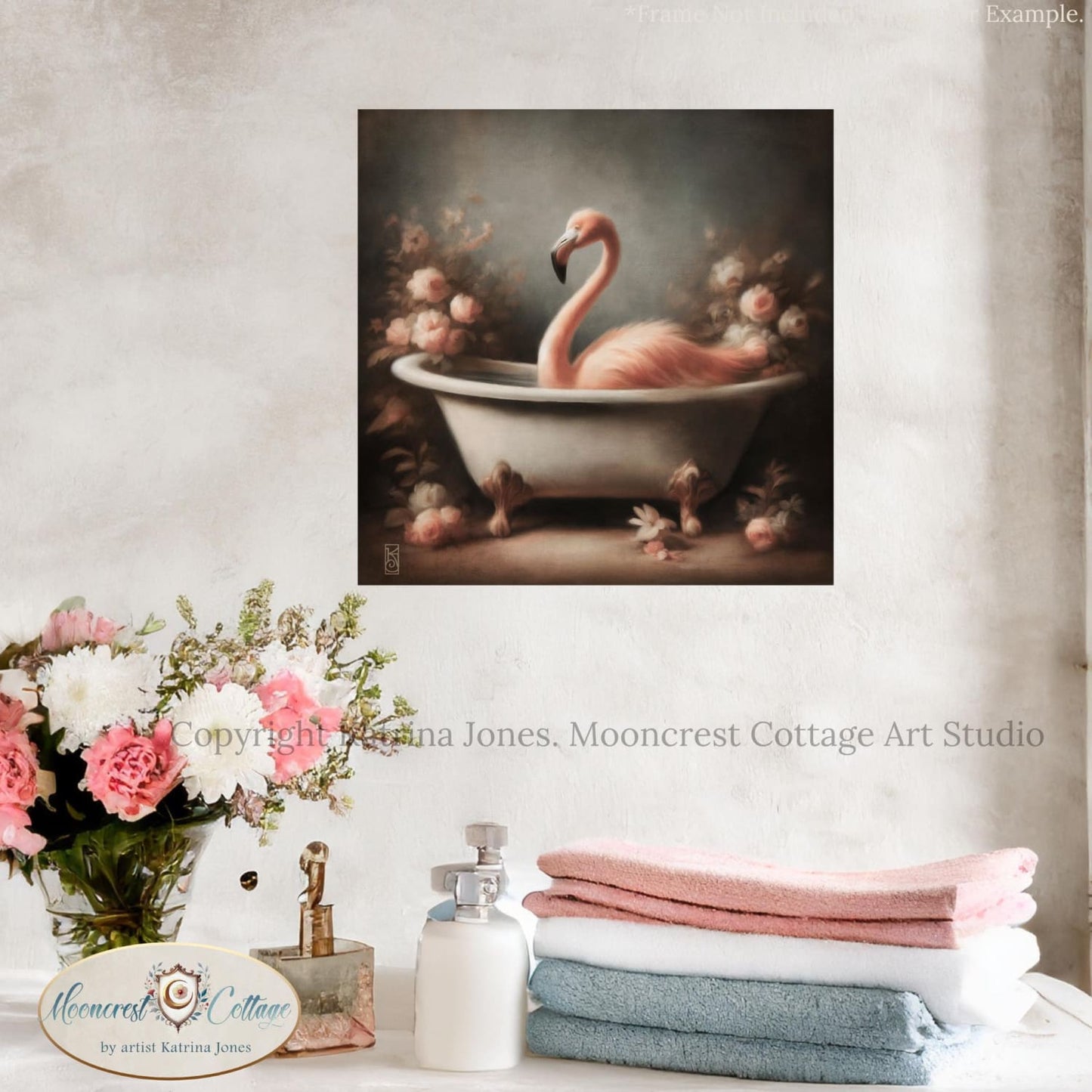a painting of a pink flamingo in a bathtub
