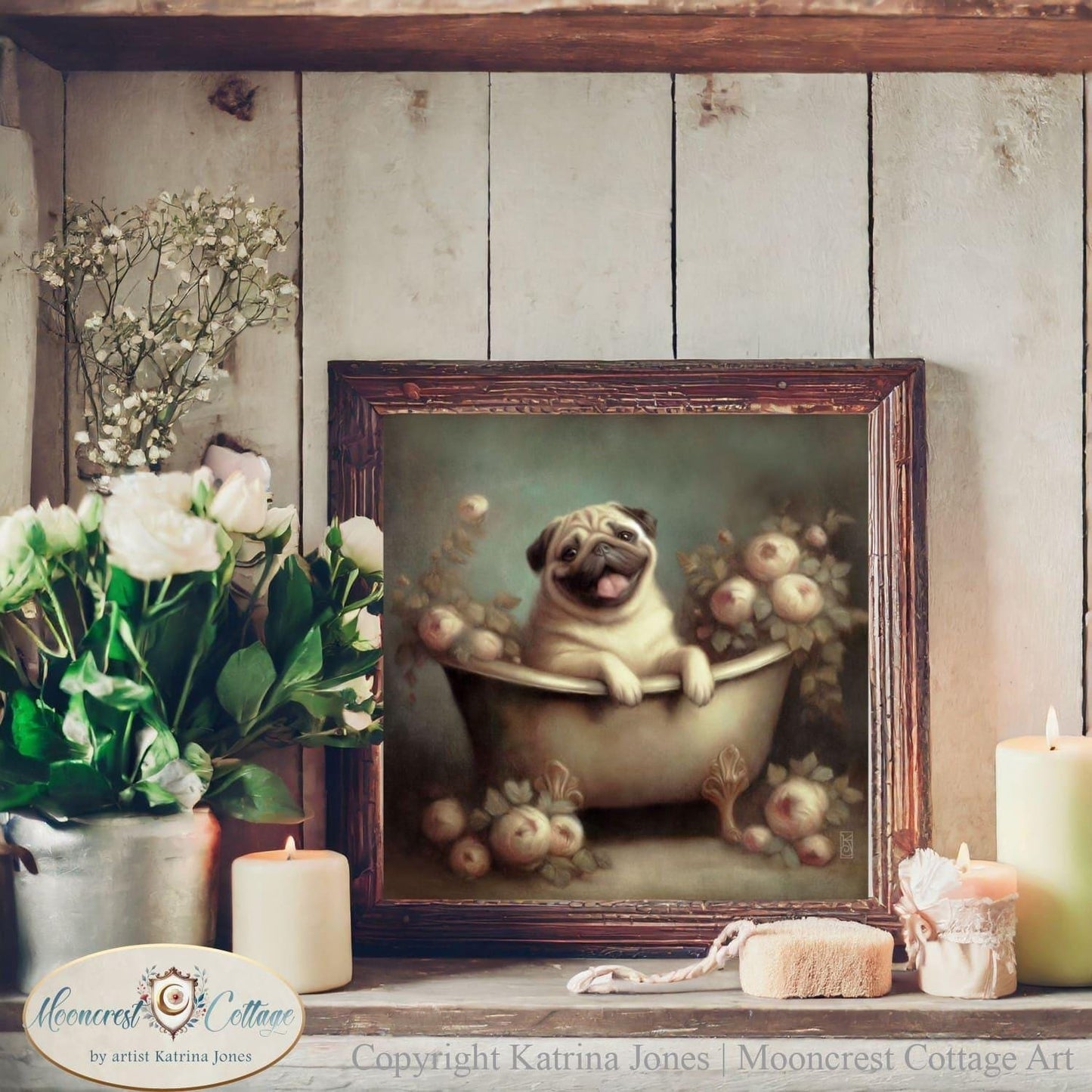 Bathroom Wall Art, Cute Pug In Bathtub Painting