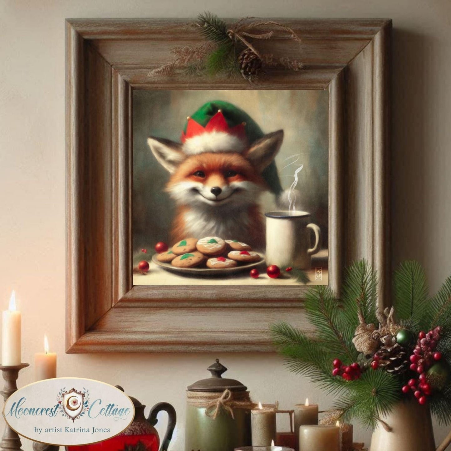 a painting of a fox wearing a santa hat