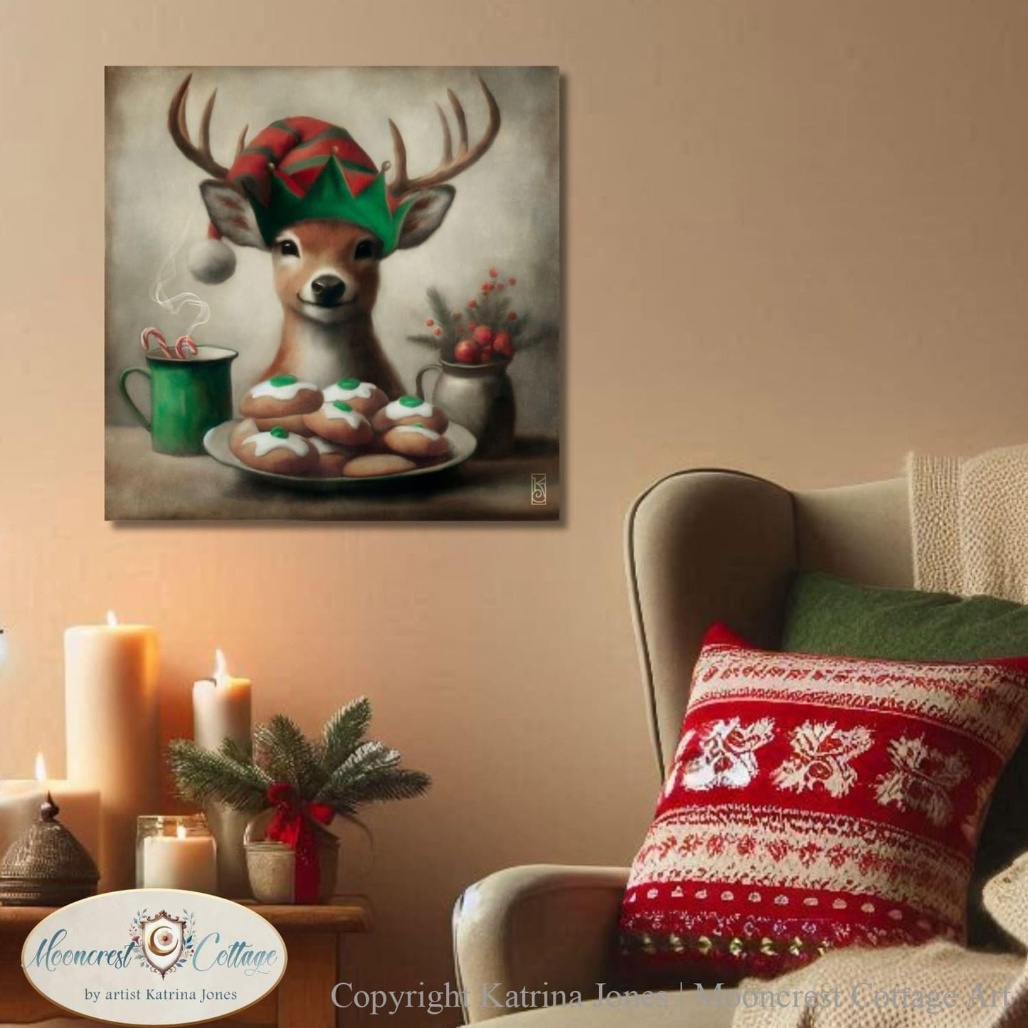 Christmas Deer Art Print Cute Painting