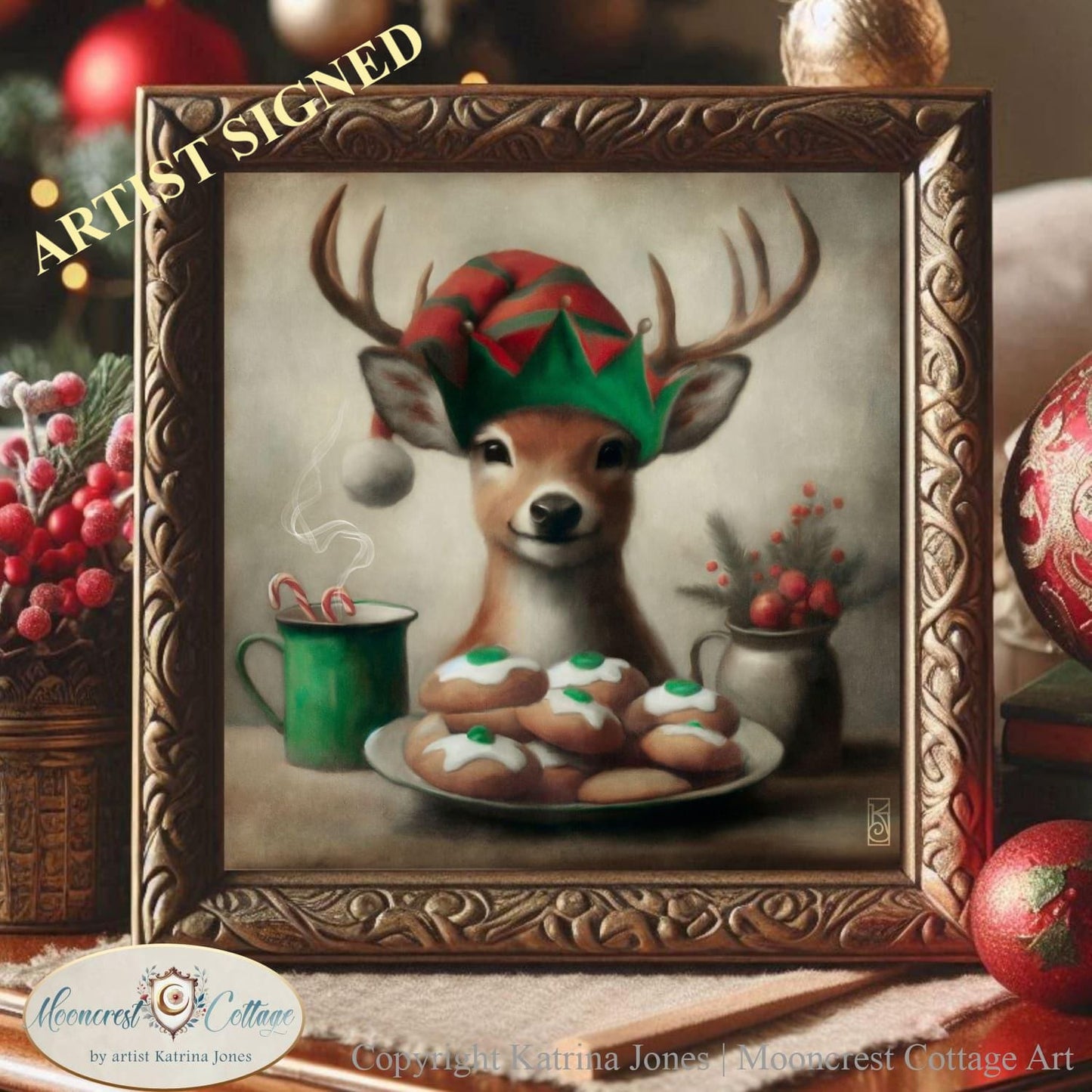 Christmas Deer Art Print, Cute Christmas Deer Painting