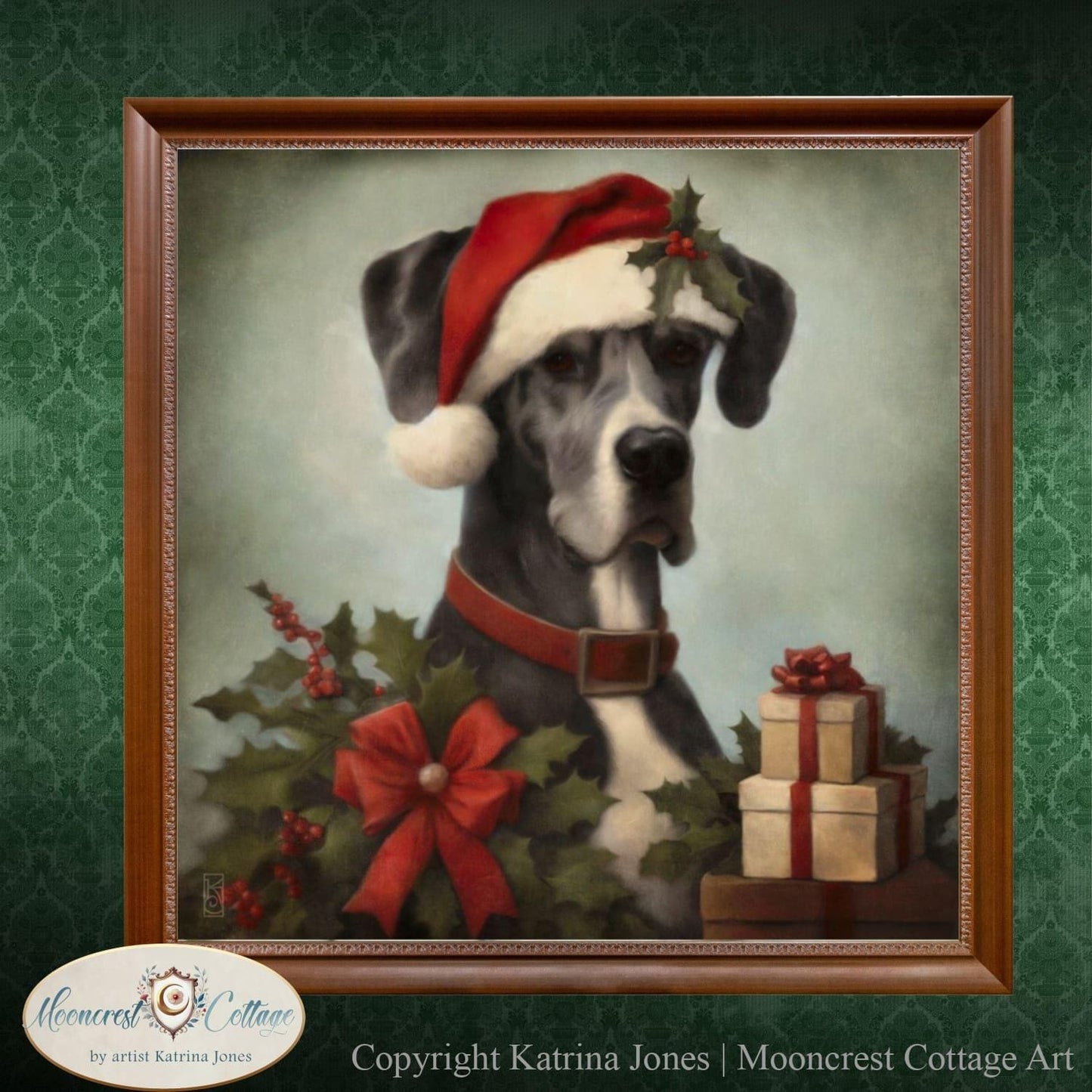 Christmas Dog Art, Christmas Great Dane Art Print Portrait