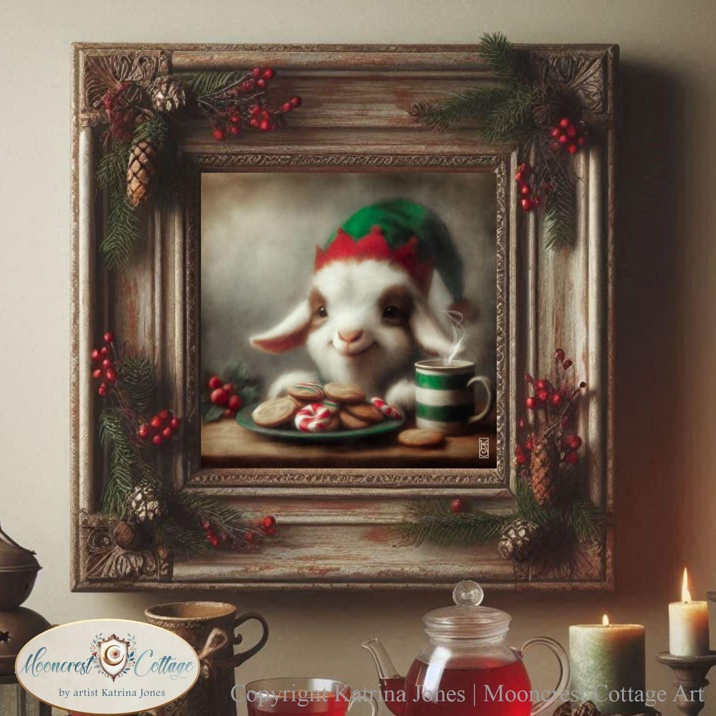 Christmas Goat Art Print Cute Painting