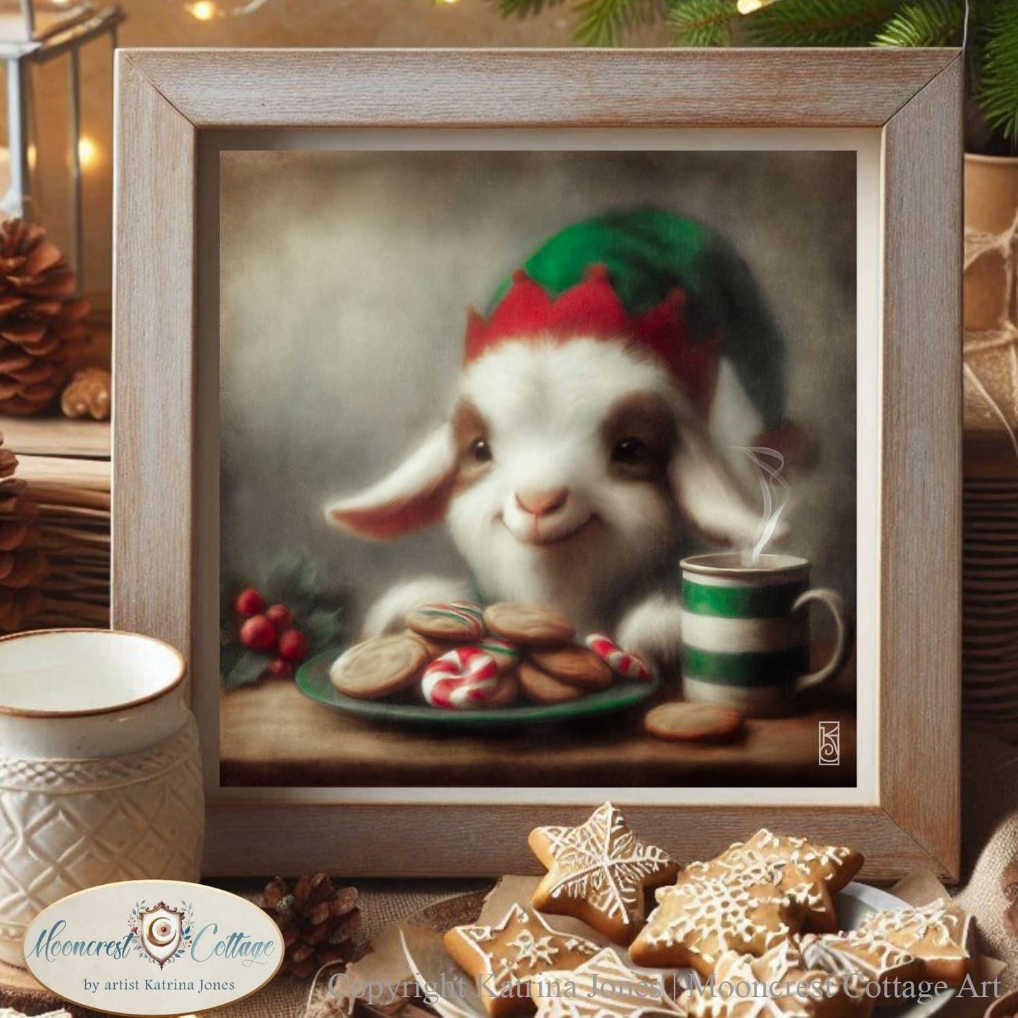 Christmas Goat Art Print, Cute Christmas Goat Painting