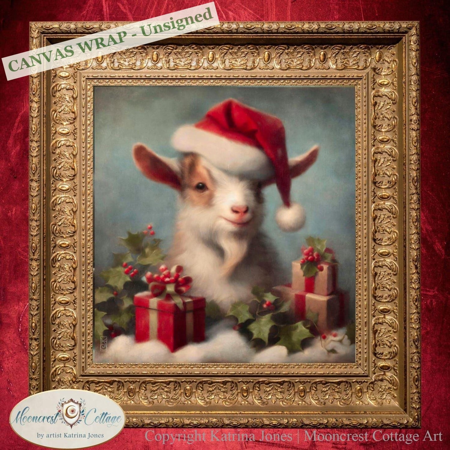 Christmas Goat Art Print - Vintage French Country Farm Holiday Decor Painting