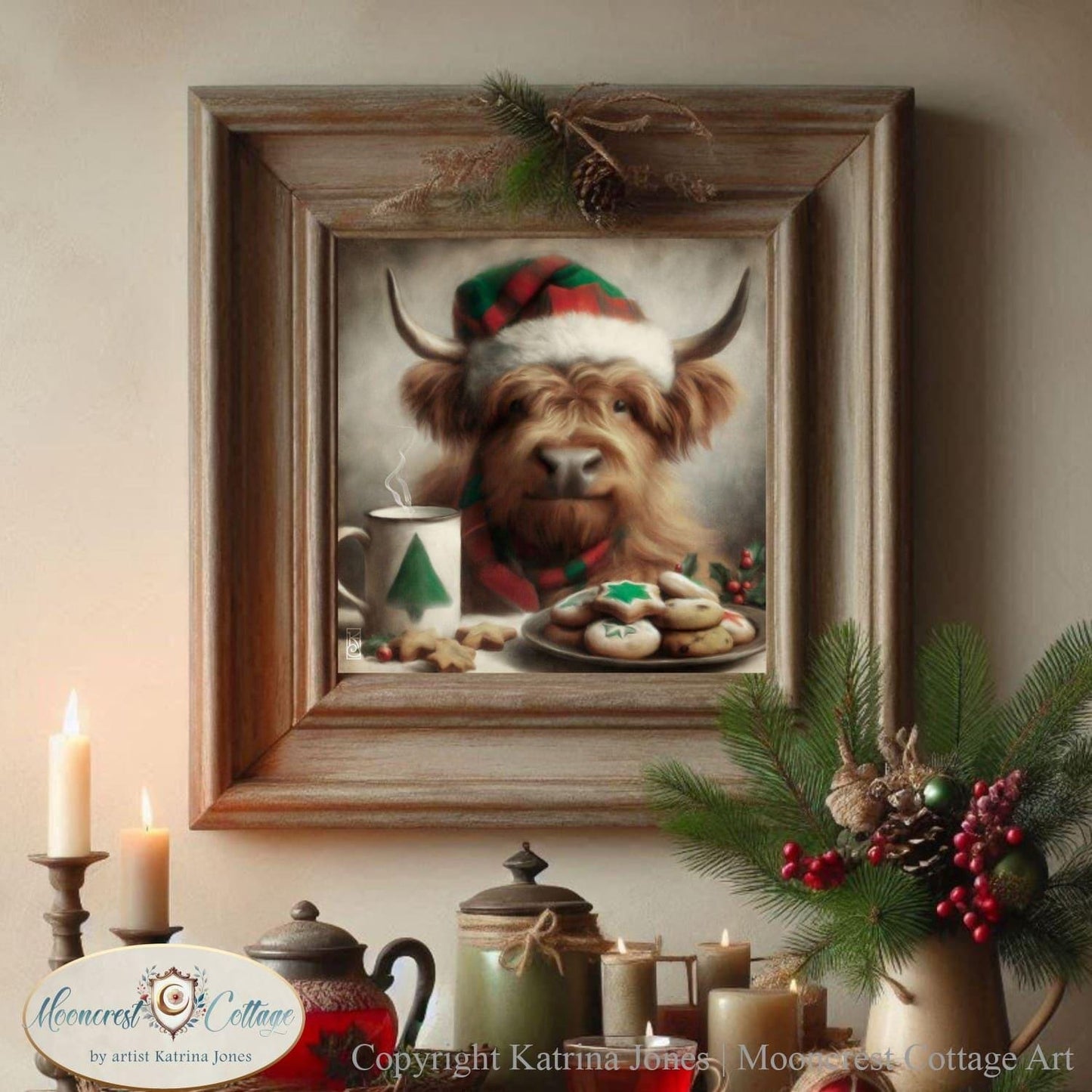 a painting of a dog wearing a santa hat