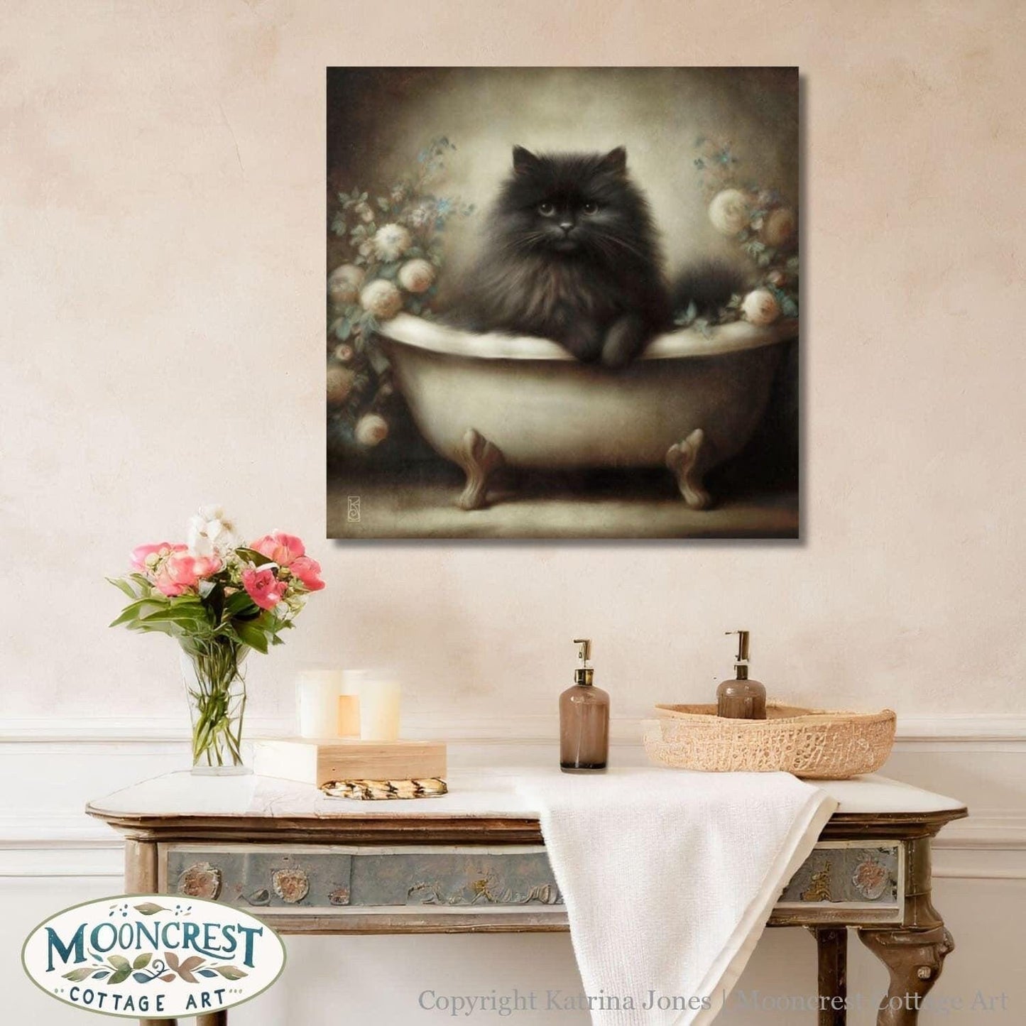 a painting of a cat sitting in a bathtub