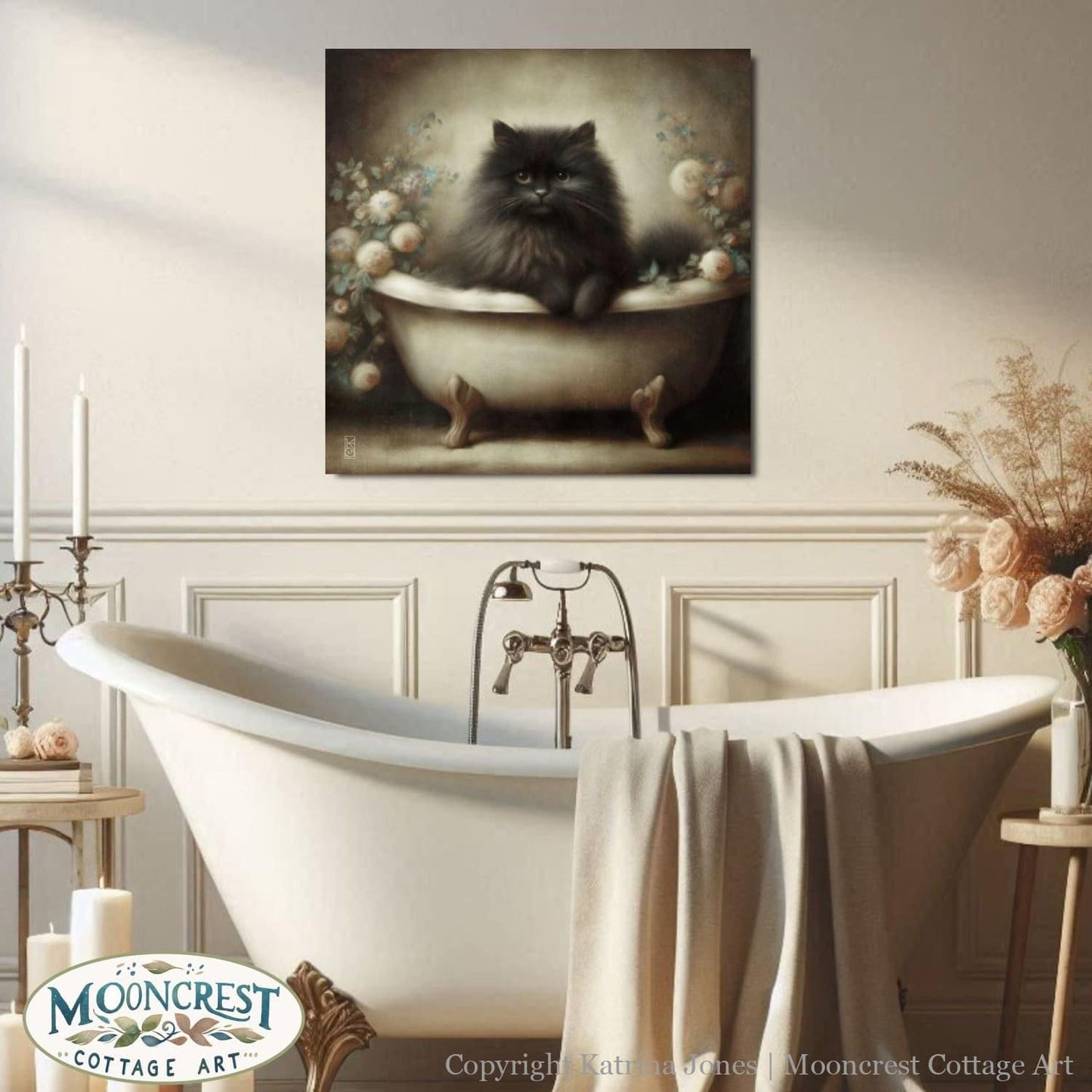 a cat sitting in a bathtub with candles
