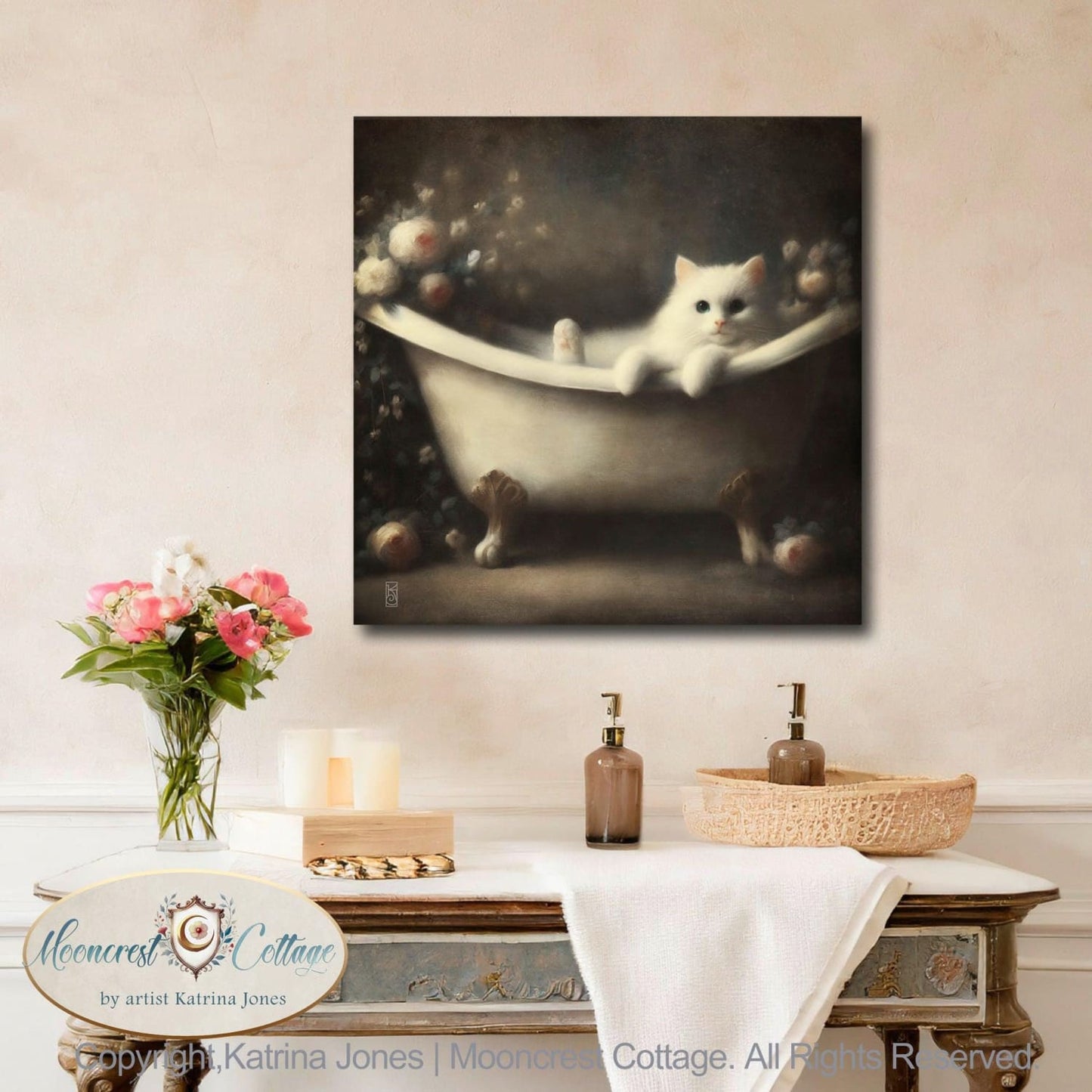 Elegant White Cat Bathtub Bathroom Signed Art Print