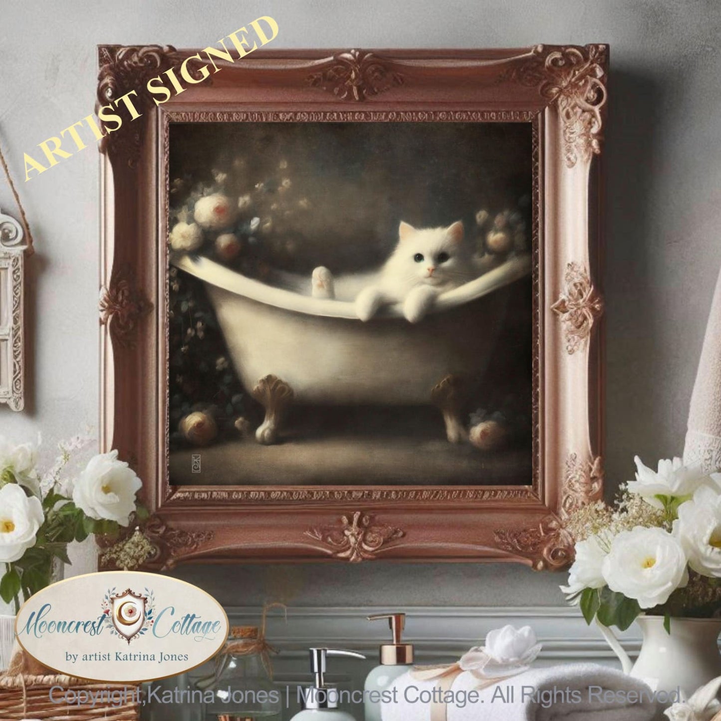 Elegant White Cat Bathtub Bathroom Signed Art Print
