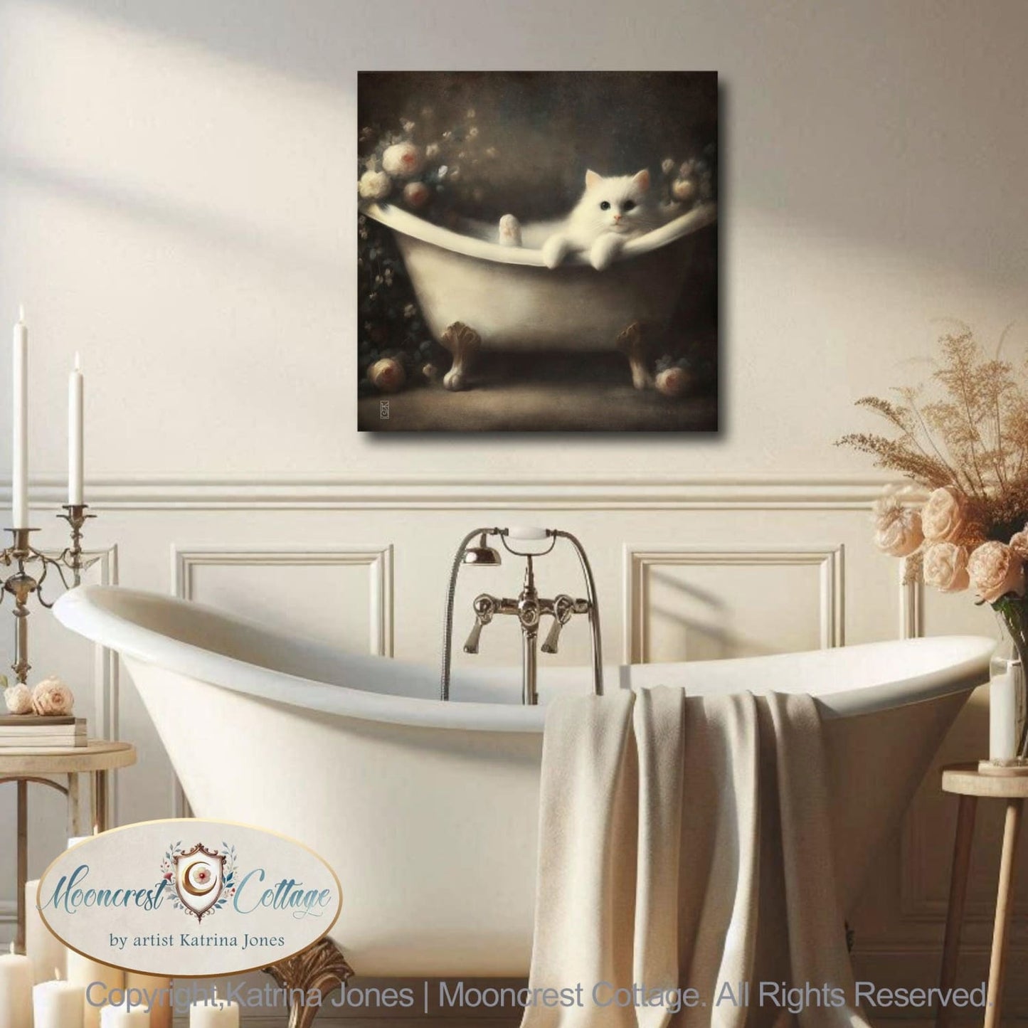 Elegant White Cat Bathtub Bathroom Signed Art Print