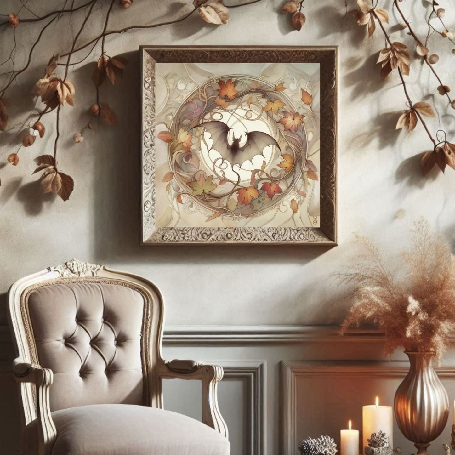 a chair sitting in front of a painting on a wall