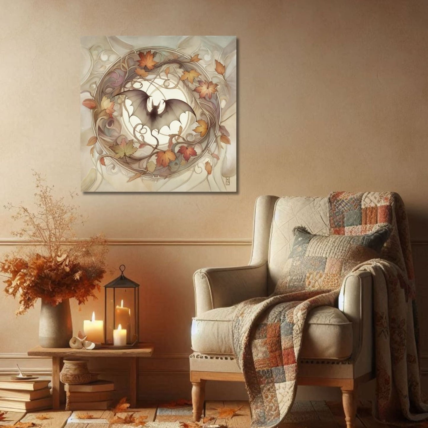 a living room with a chair and a blanket