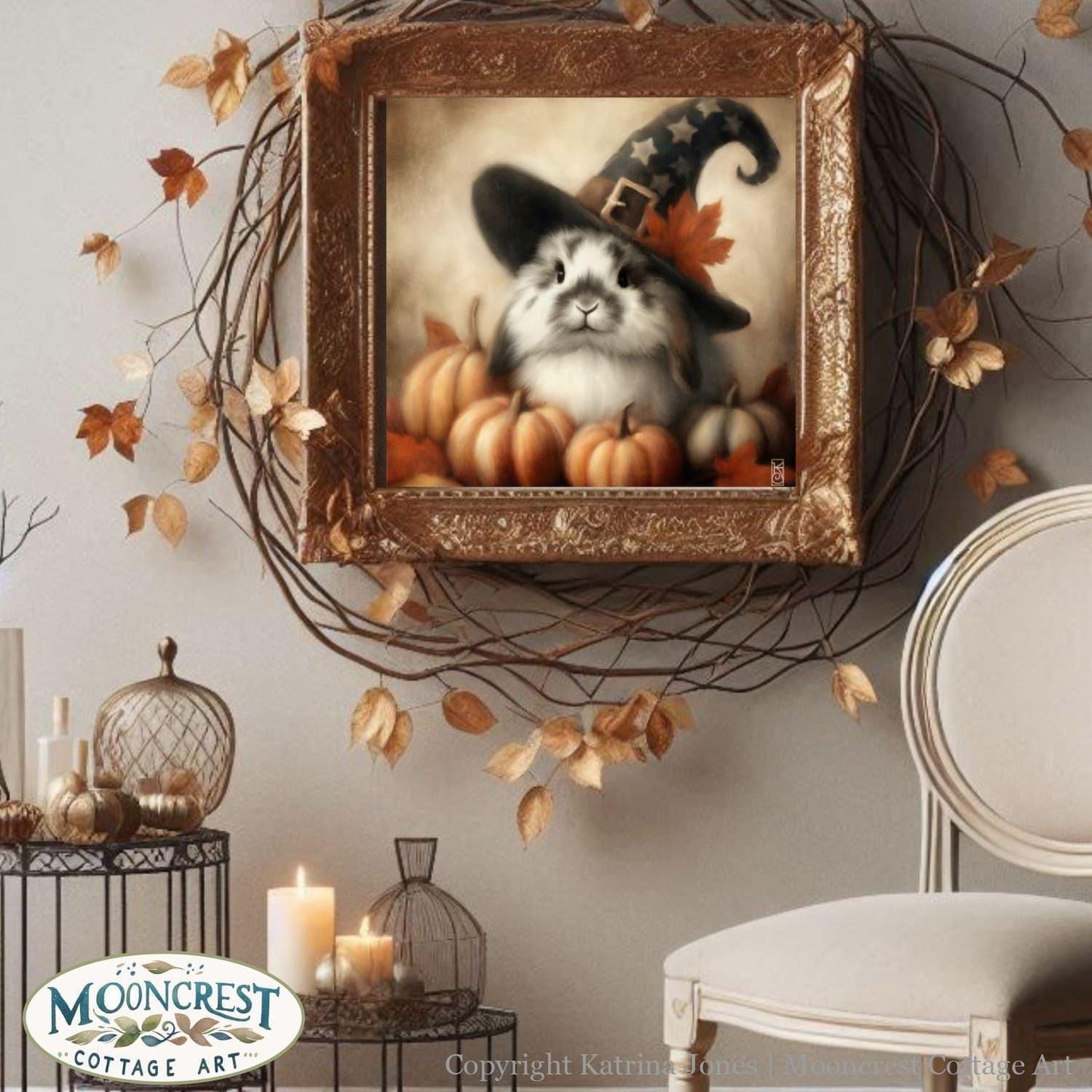 a picture of a cat in a witches hat surrounded by pumpkins