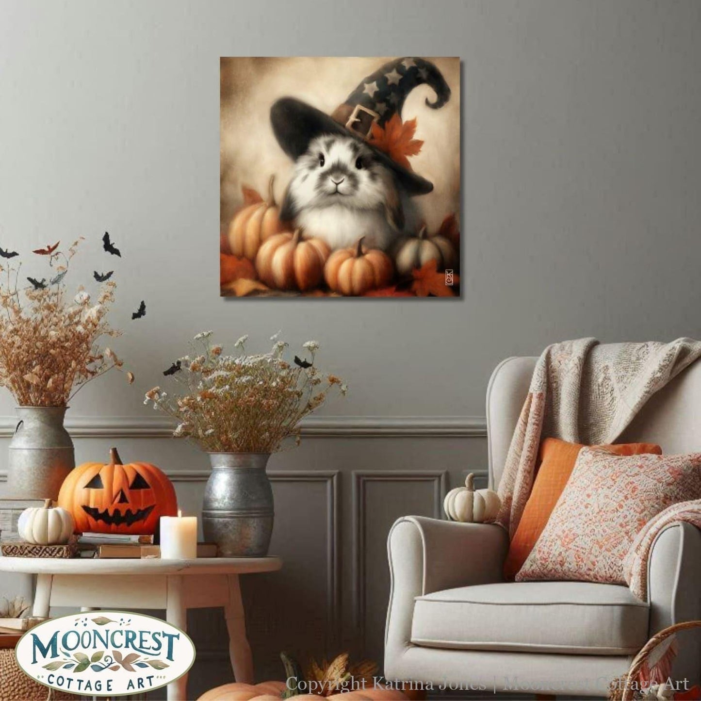 a painting of a cat wearing a witches hat