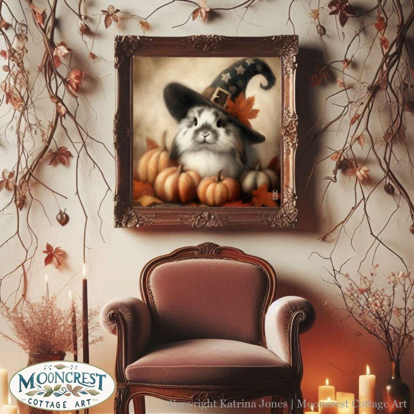 a painting of a cat wearing a witches hat
