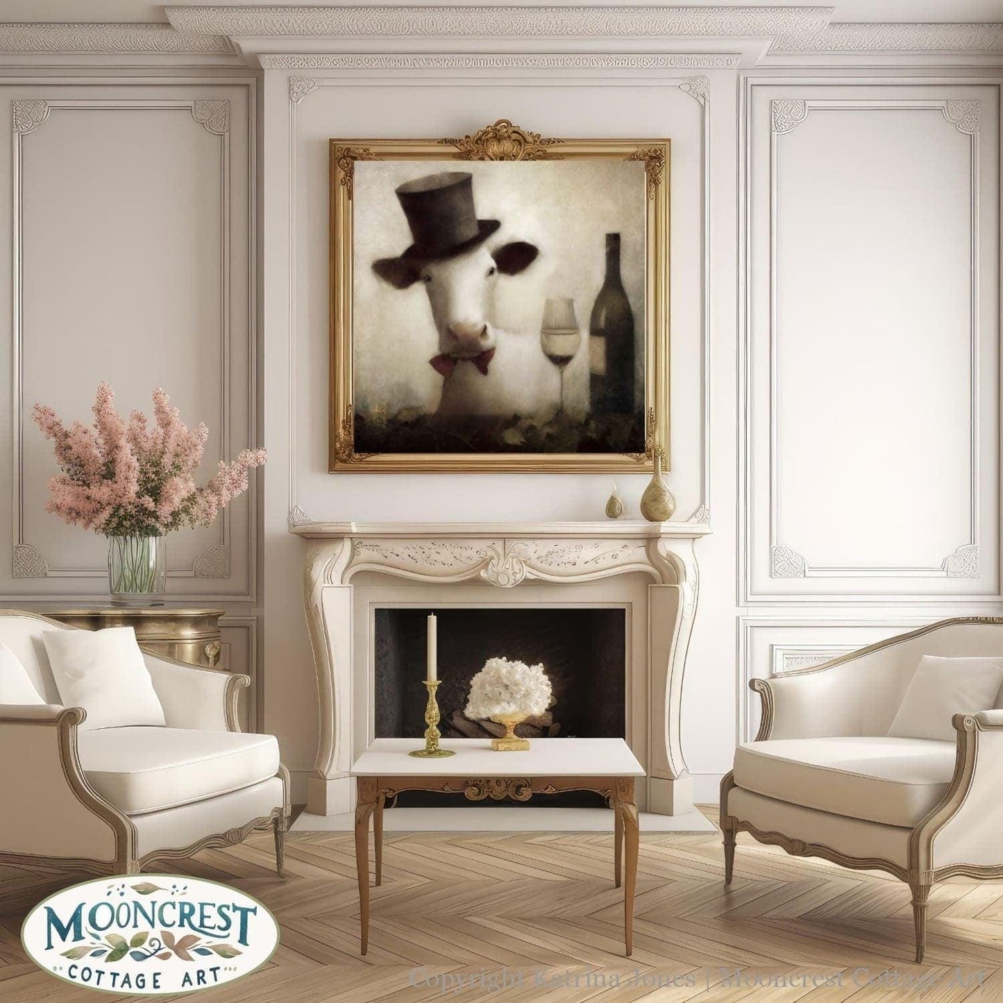 Victorian Vintage Animal Art - Fancy Cow With Wine Painting Farmhouse Cottage Bar Decor
