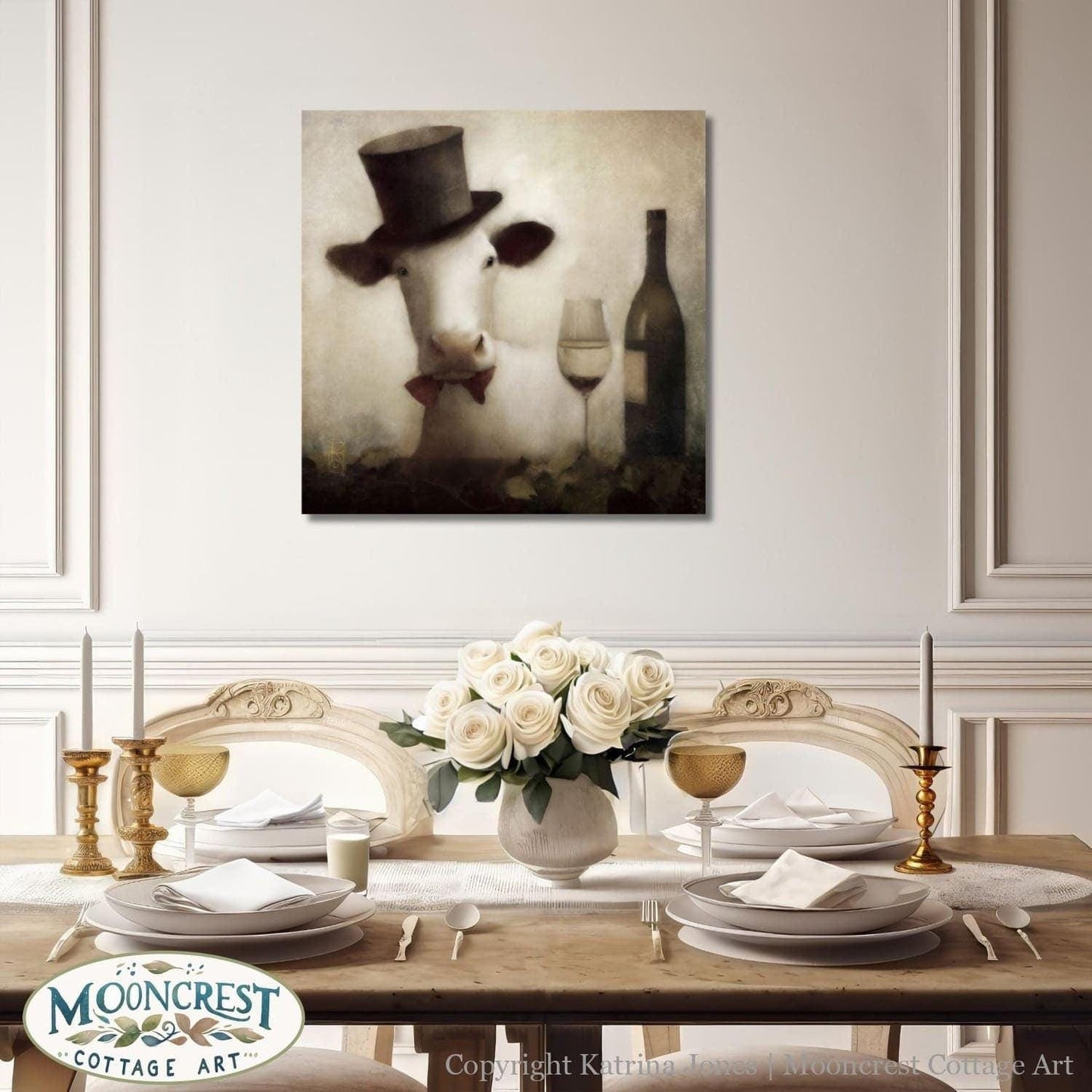 Victorian Vintage Animal Art - Fancy Cow With Wine Painting Farmhouse Cottage Bar Decor