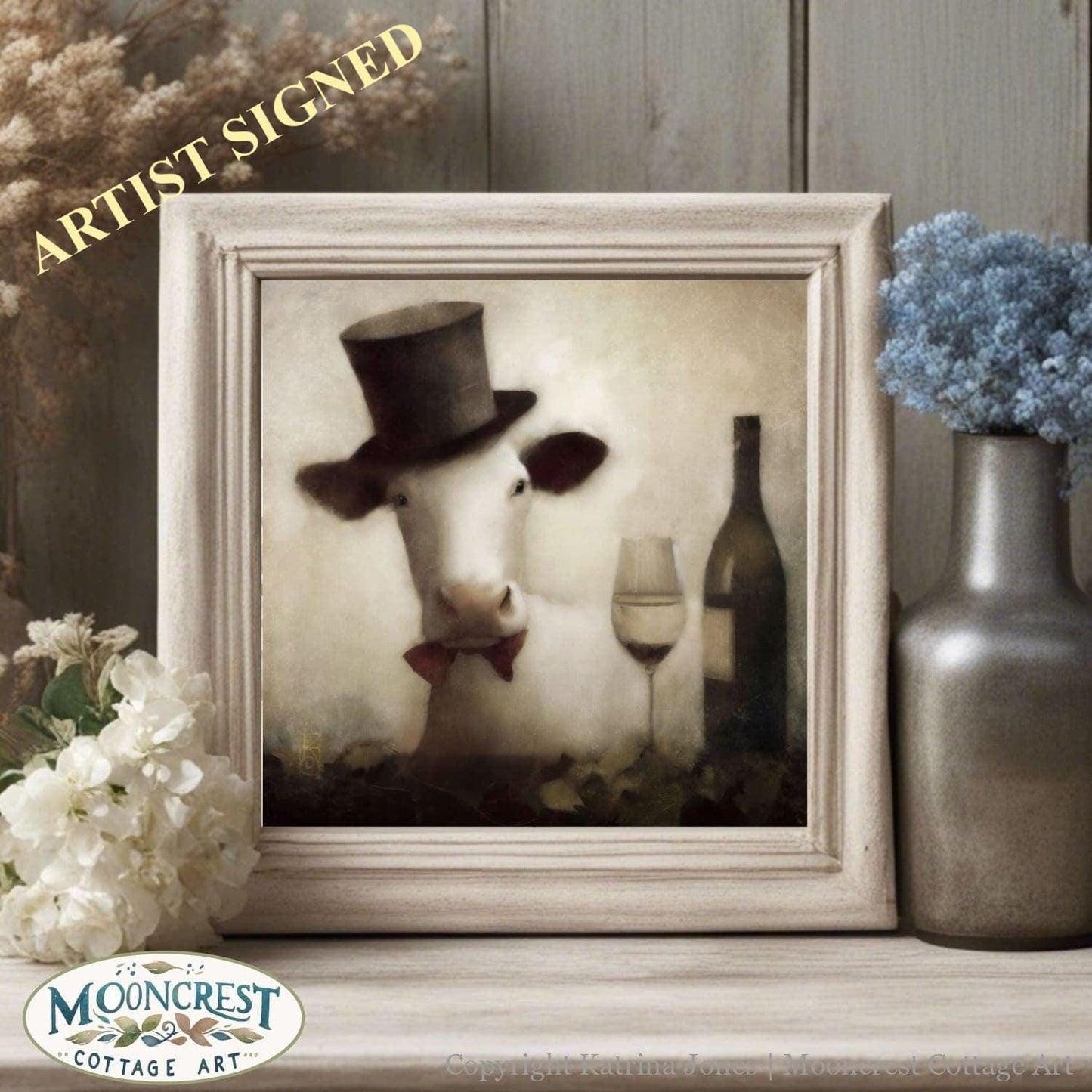 French Country Animal Art - Fancy Cow With Wine Art Print -