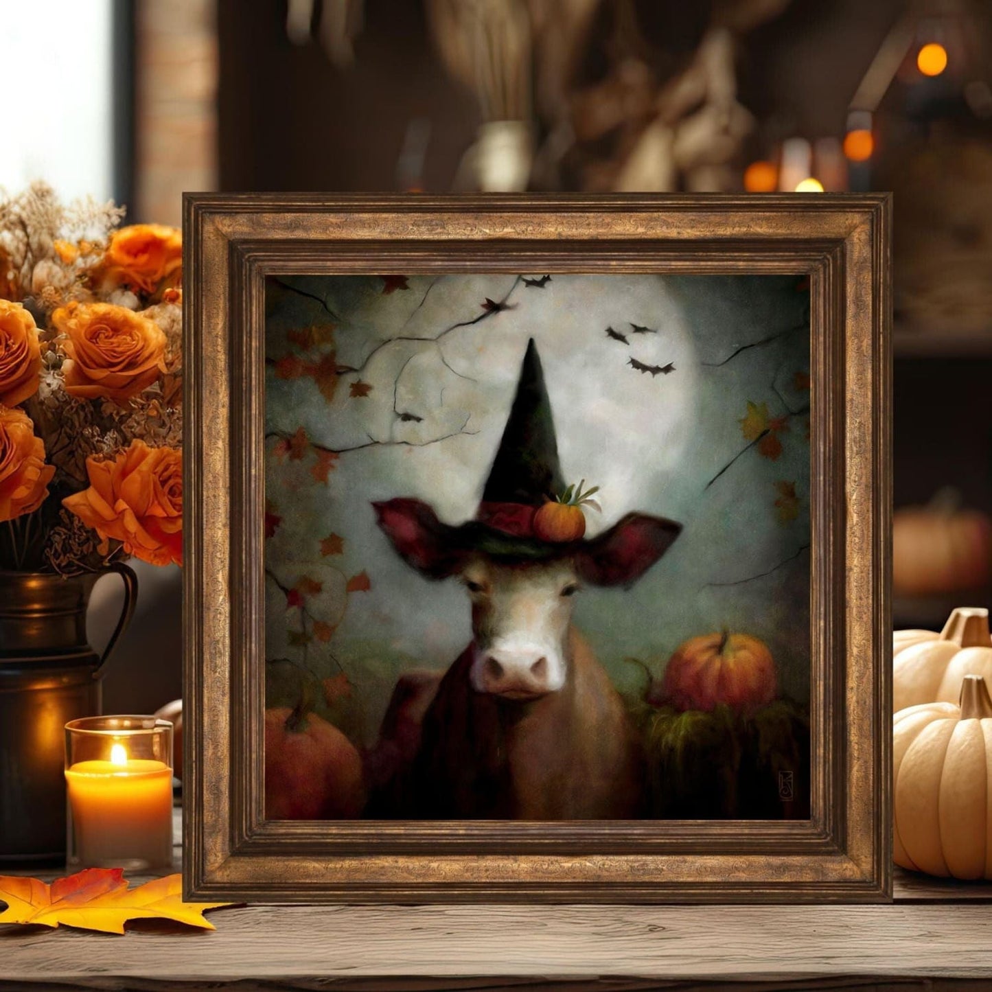 Halloween Art Print Of A Cute Farm Cow In A Witch Hat Painting