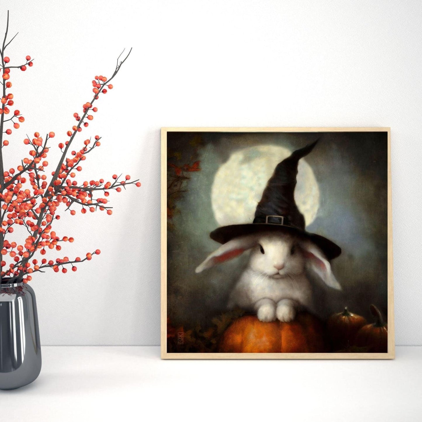 Halloween Art Print Of A Cute Rabbit In A Witch Hat Painting