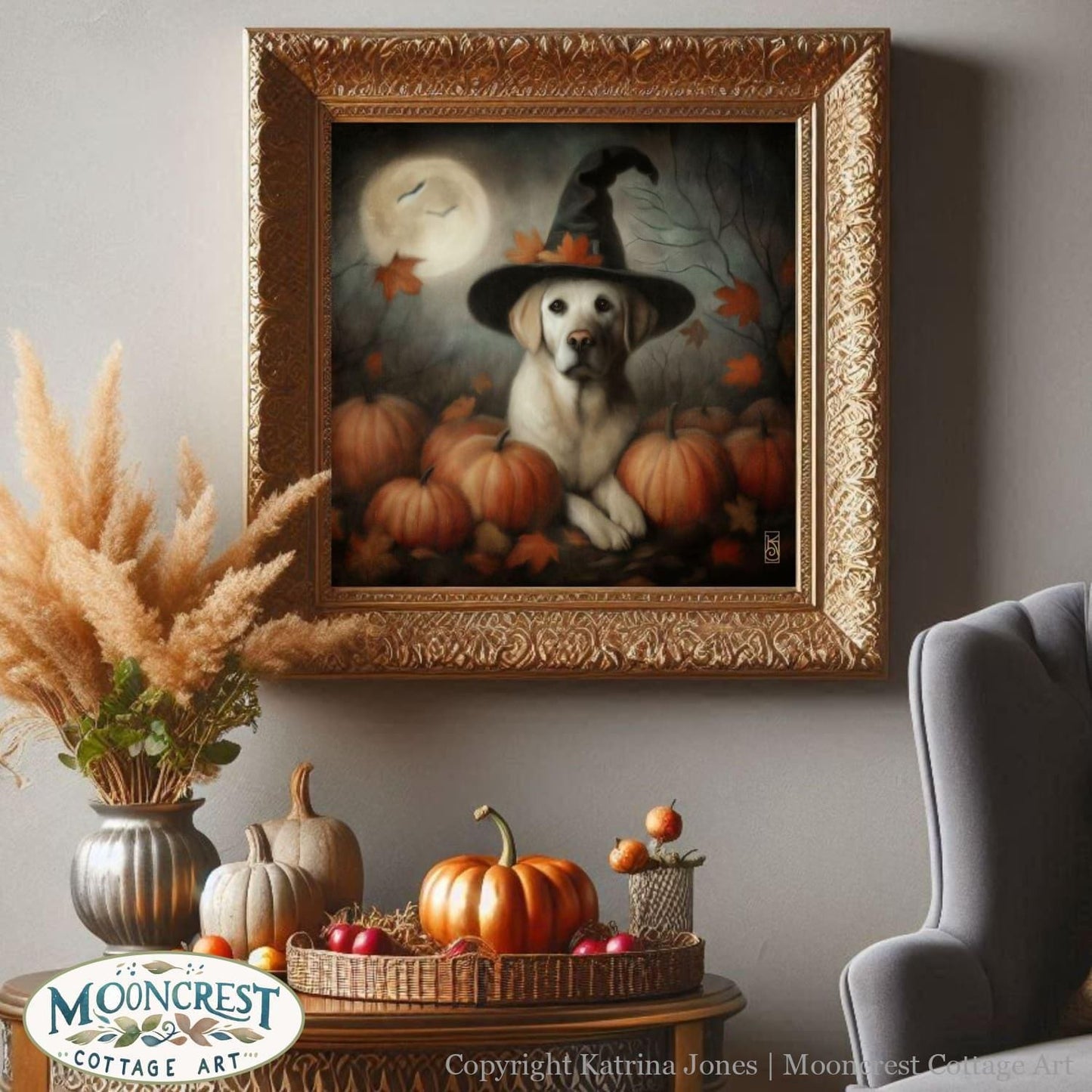 a painting of a dog wearing a witches hat