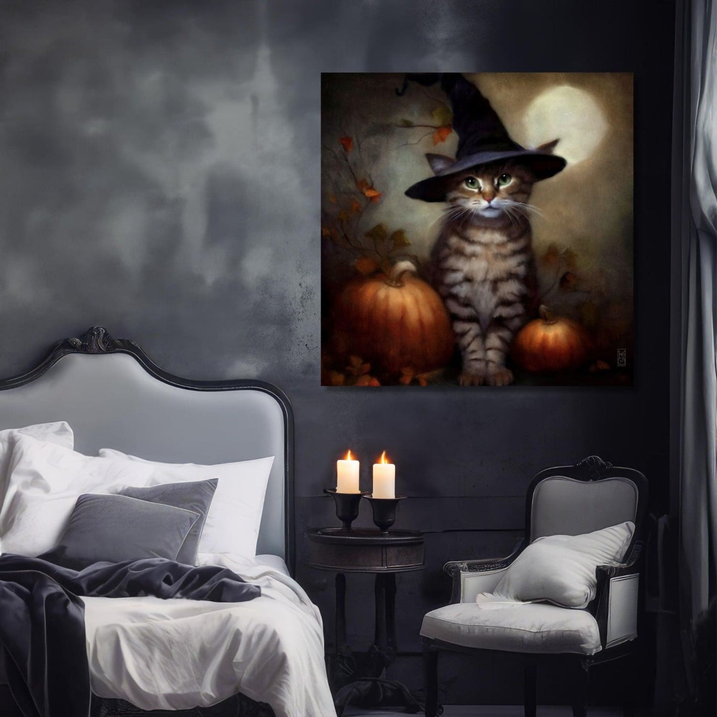 Halloween Wall Art, Cute Tabby Cat Halloween Art Print