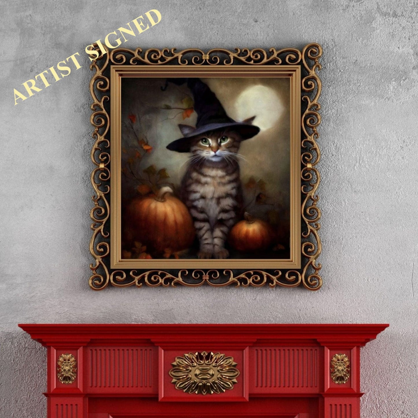 Halloween Wall Art, Cute Tabby Cat Halloween Art Print
