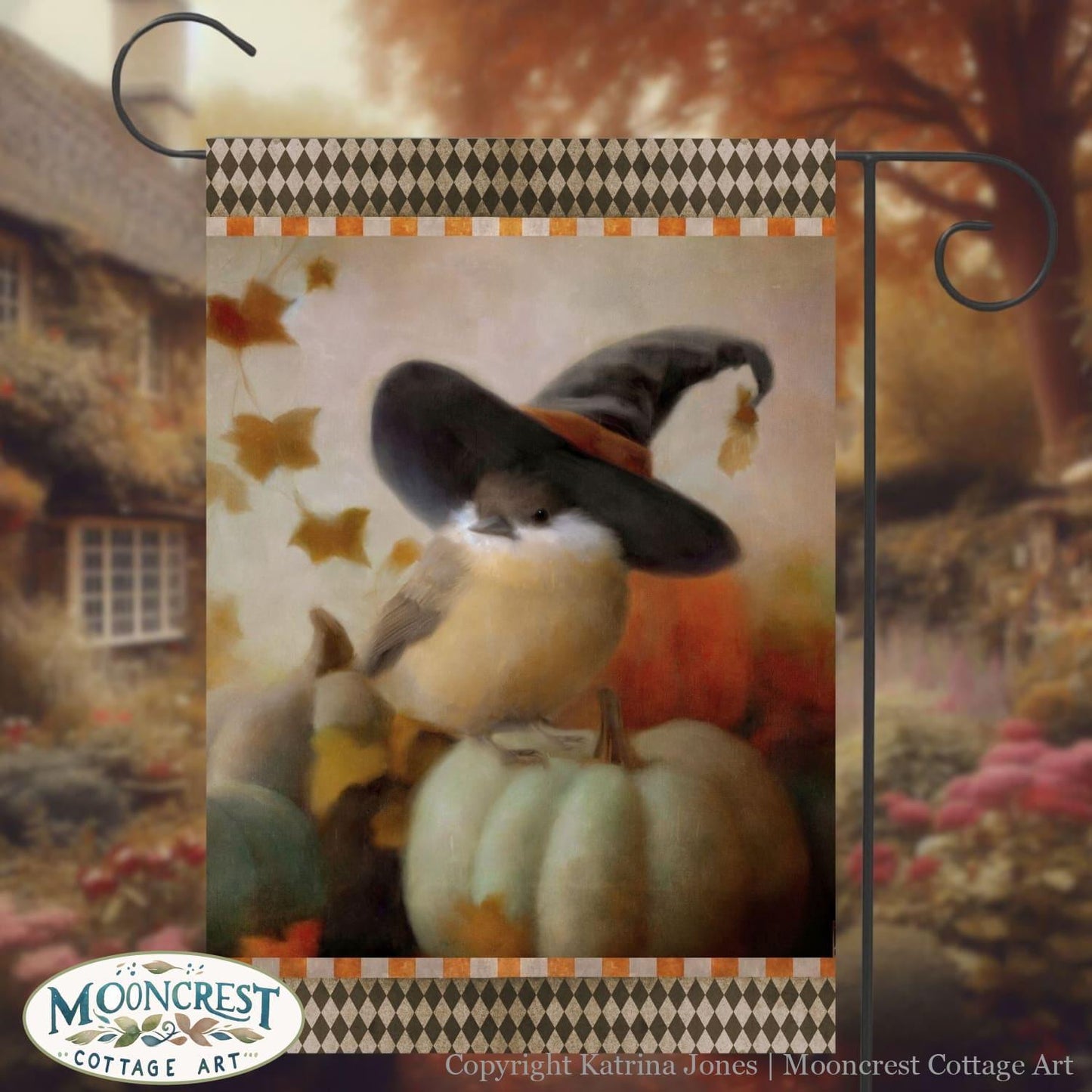 a painting of a bird wearing a witches hat