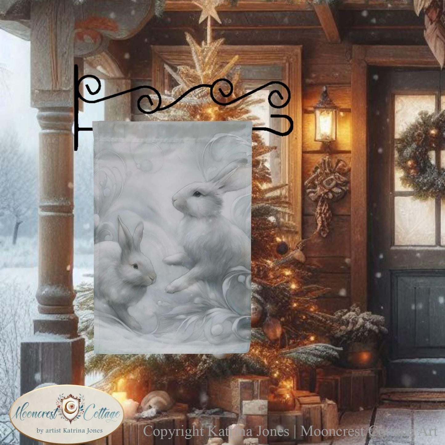 White Winter Rabbits Garden Flag
