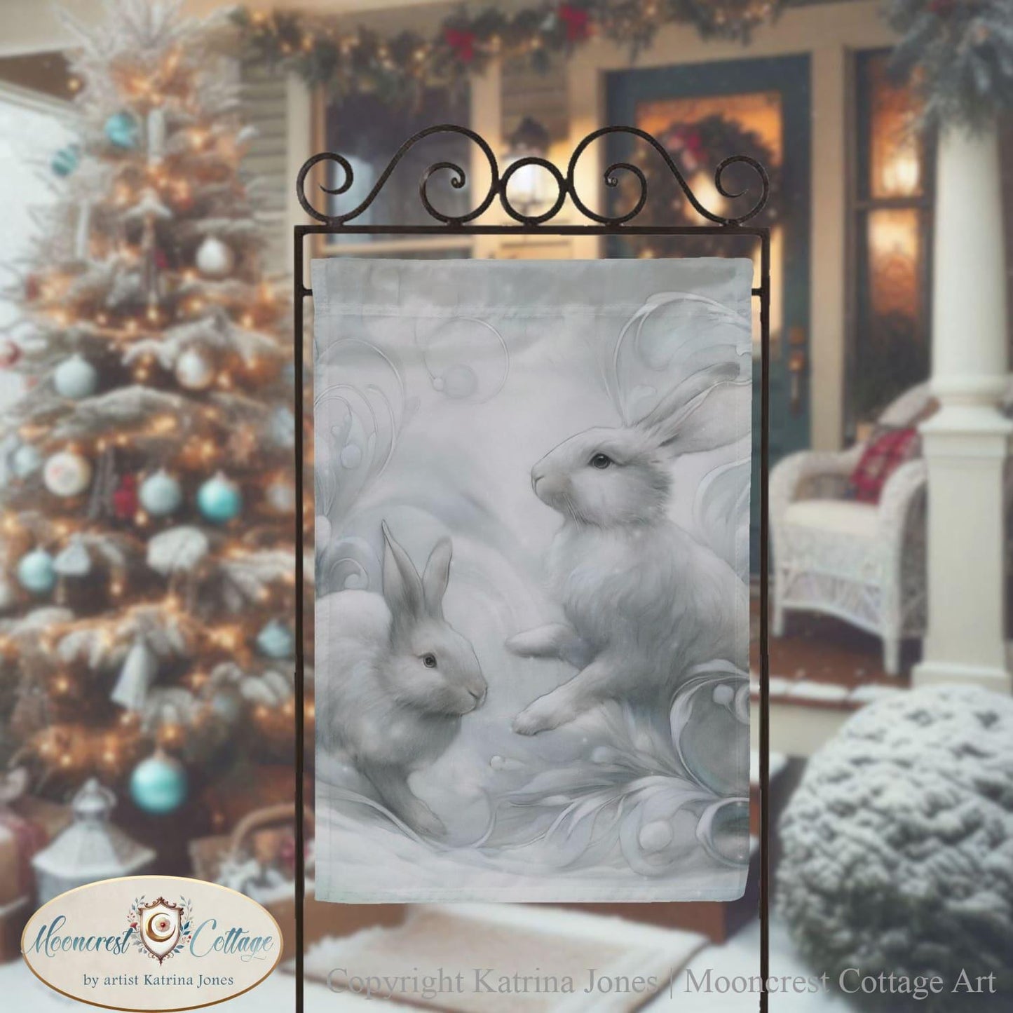 White Winter Rabbits Garden Flag