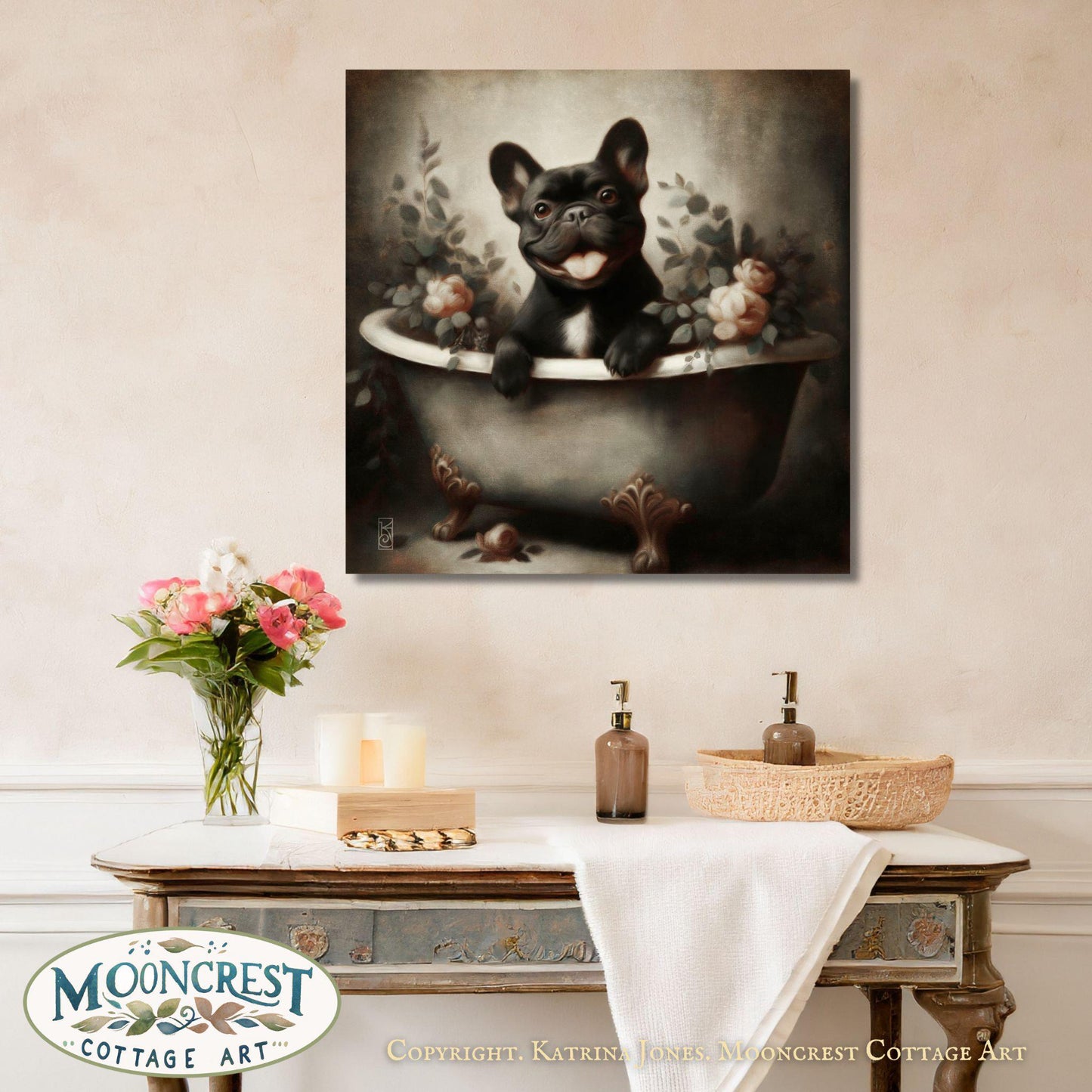 a painting of a dog taking a bath in a tub