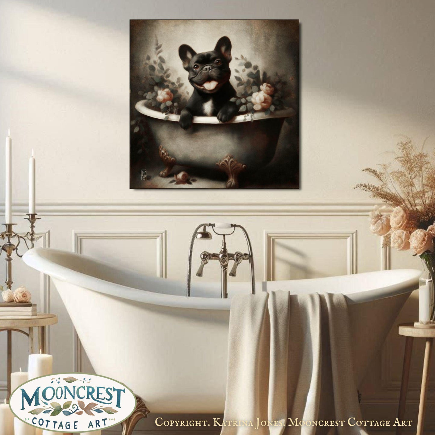 a painting of a dog sitting in a bathtub