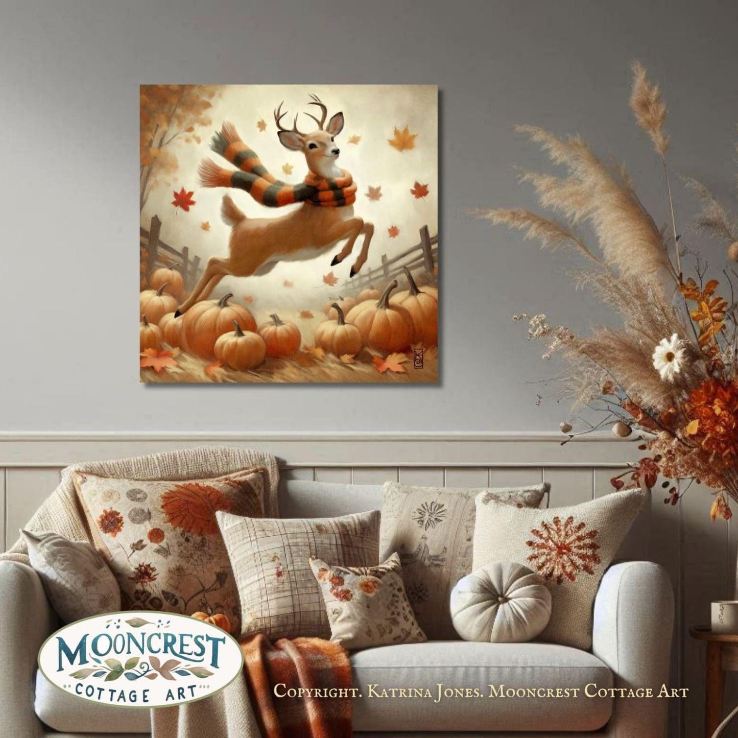 a living room with a couch and a painting on the wall