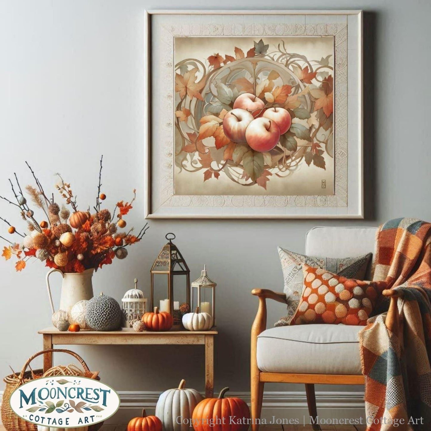 a living room with a couch and a table with pumpkins on it