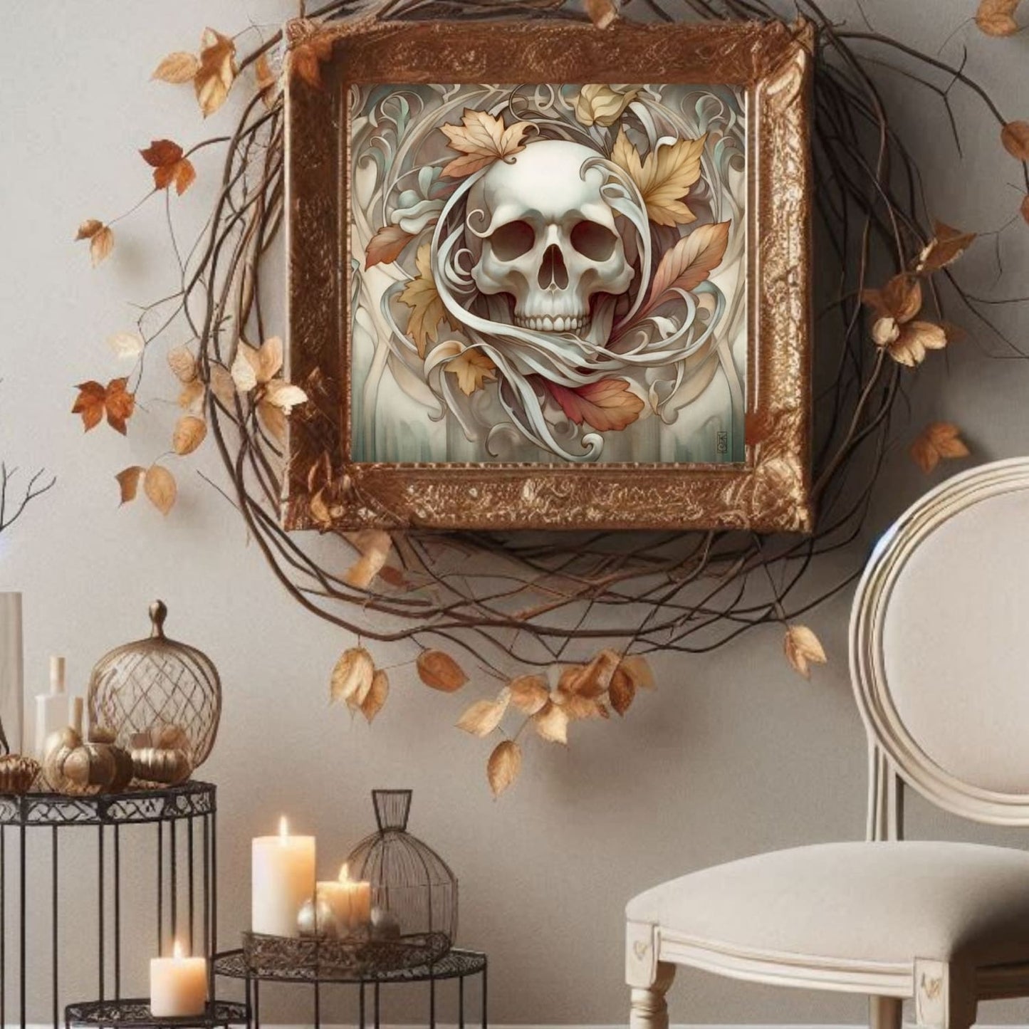 a picture of a skull hanging on a wall
