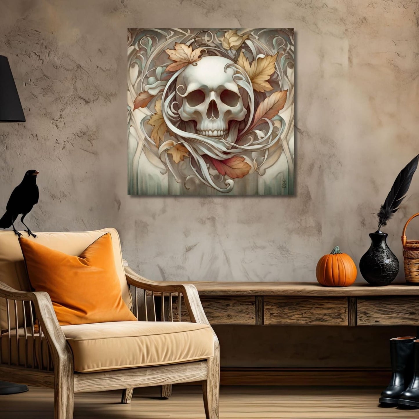 a living room with a chair and a painting on the wall