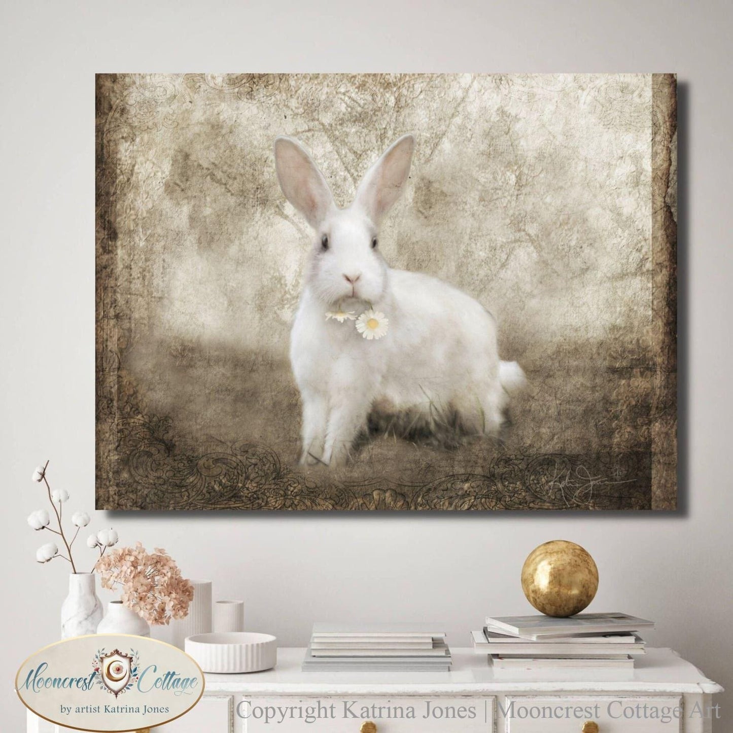 White Rabbit with Daisy French Country Vintage Art Print