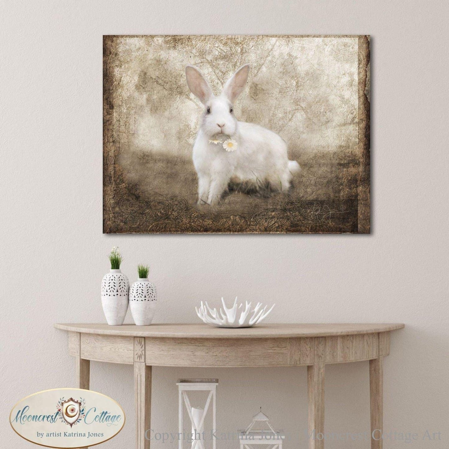 White Rabbit with Daisy French Country Vintage Art Print