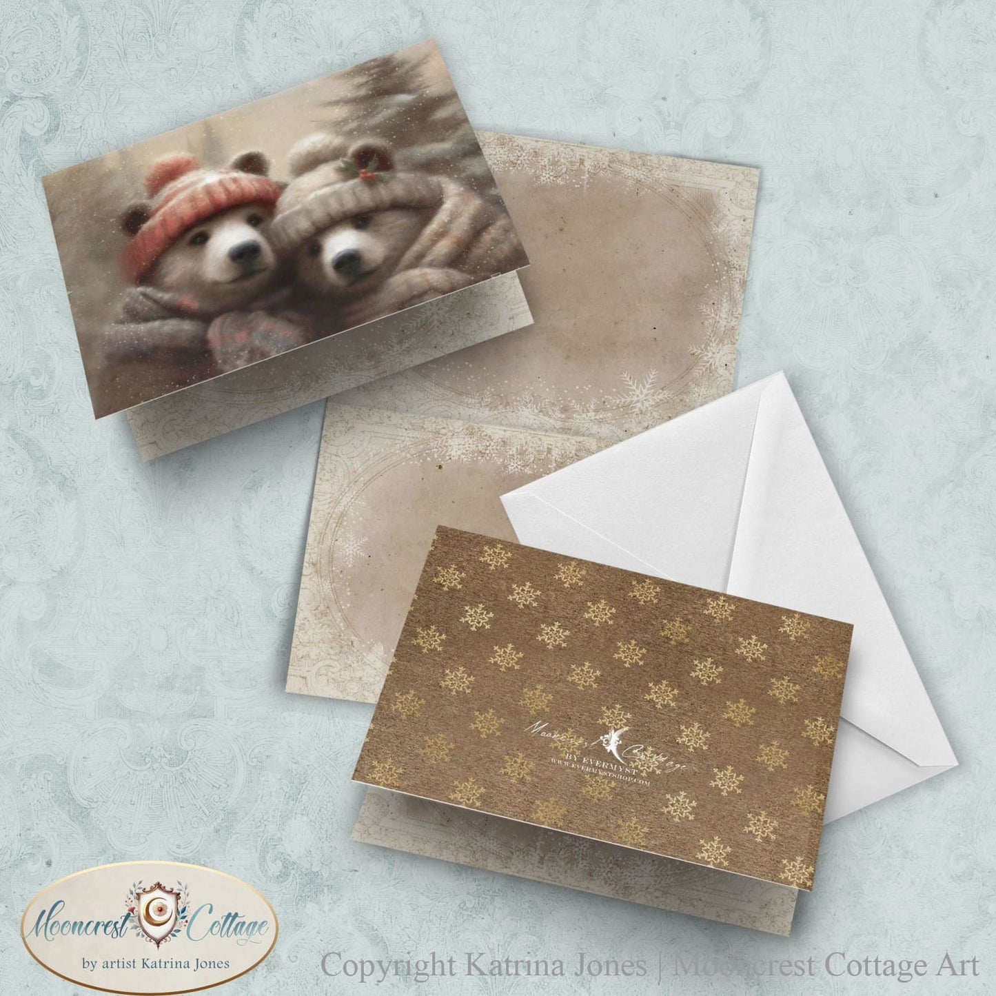 Winter Nature Wildlife Blank Greeting Cards - Cute Bear Pair Painting - Country Christmas Notecards - Stationary Sets