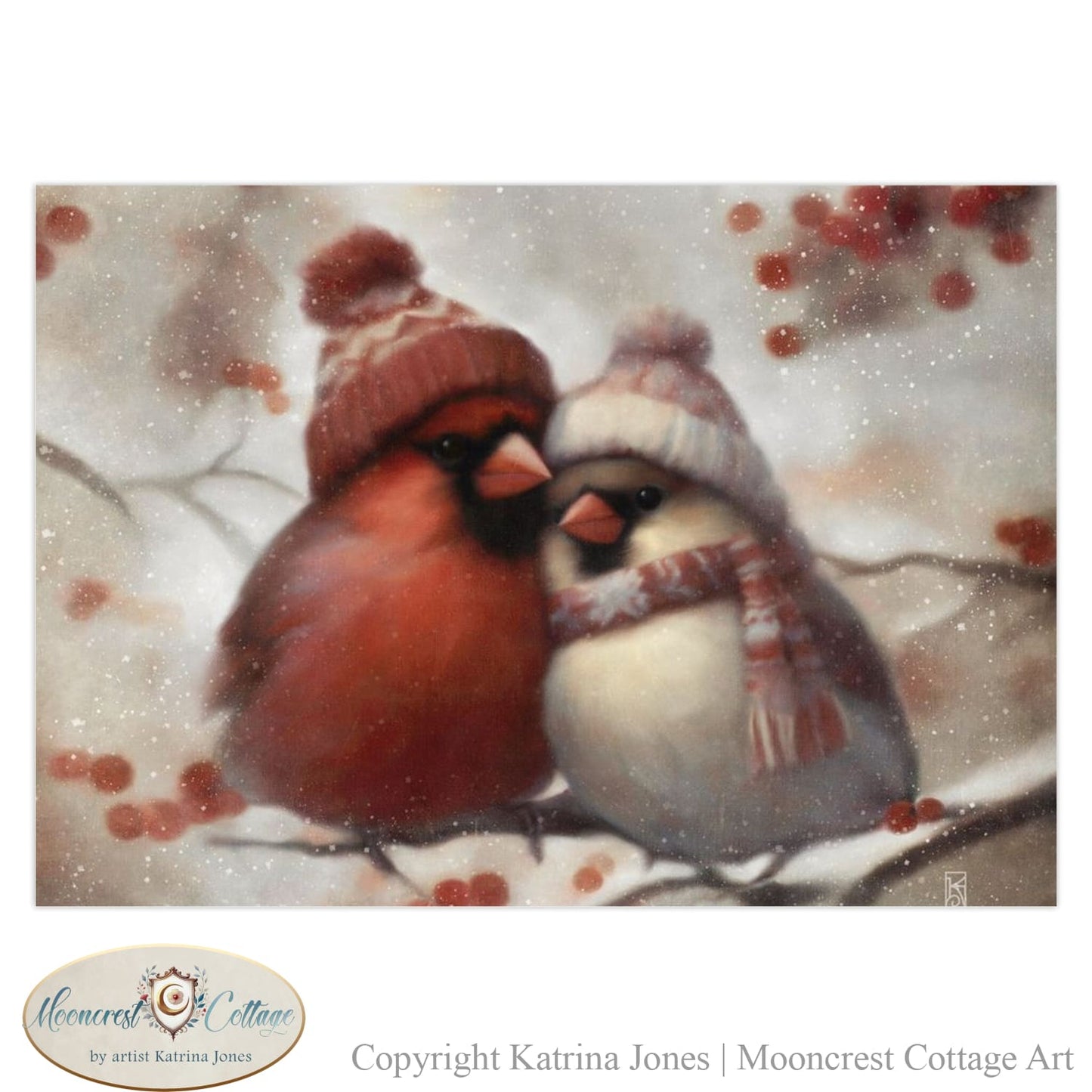 Winter Nature Wildlife Blank Greeting Cards - Cute Cardinal Birds Pair Painting - Country Christmas Notecards - Stationary Sets