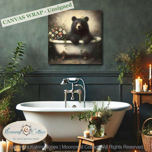 Adorable Black Bear Bathtub Bathroom Signed Art Print
