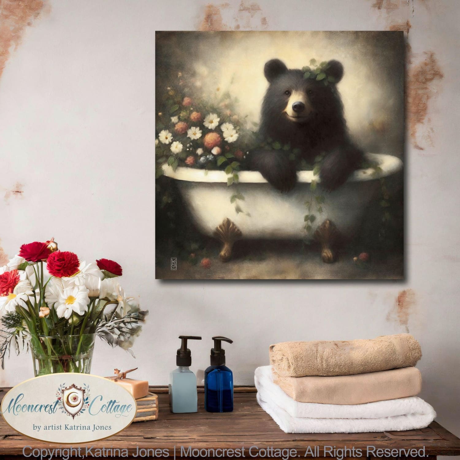 Adorable Black Bear Bathtub Bathroom Signed Art Print