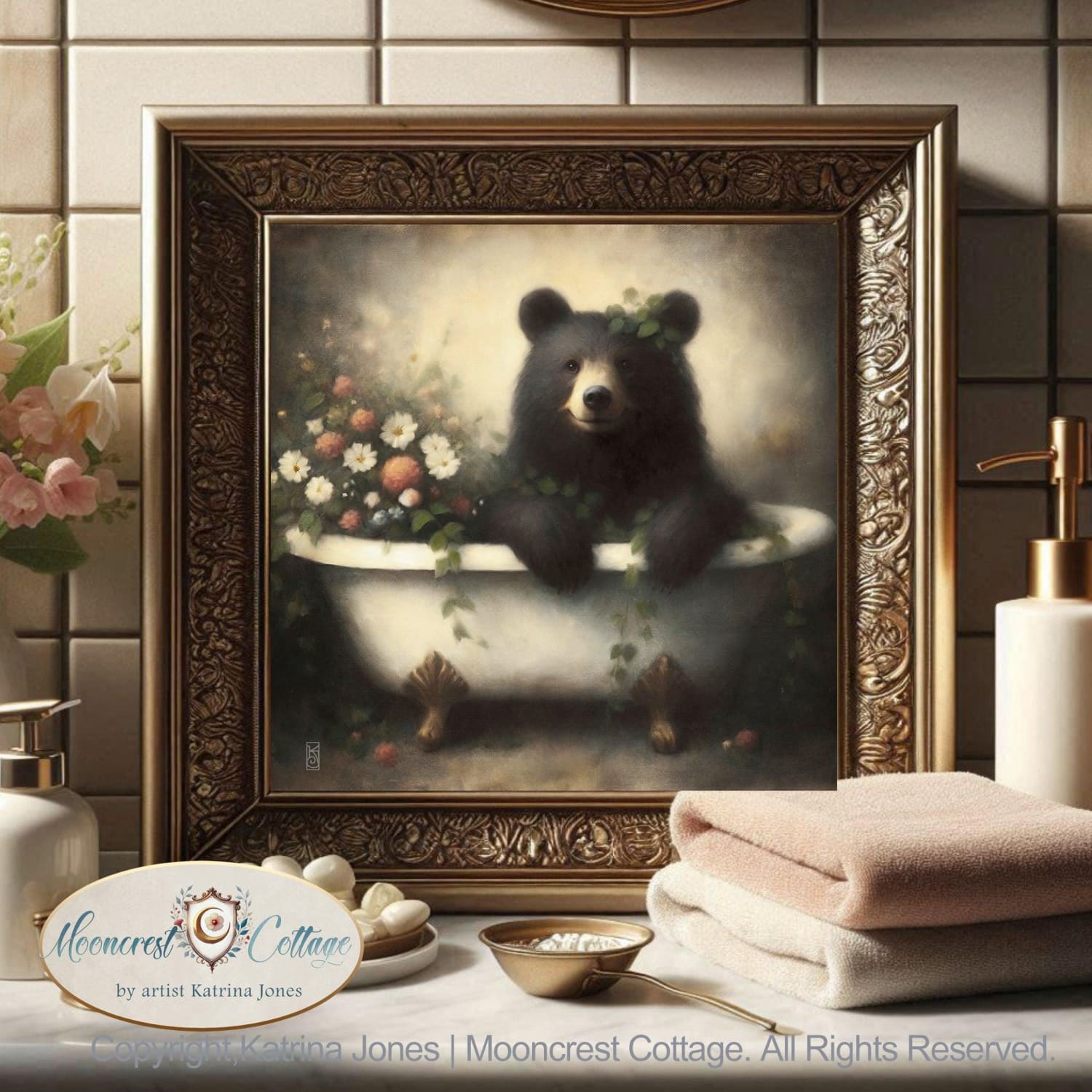 Adorable Black Bear Bathtub Bathroom Signed Art Print